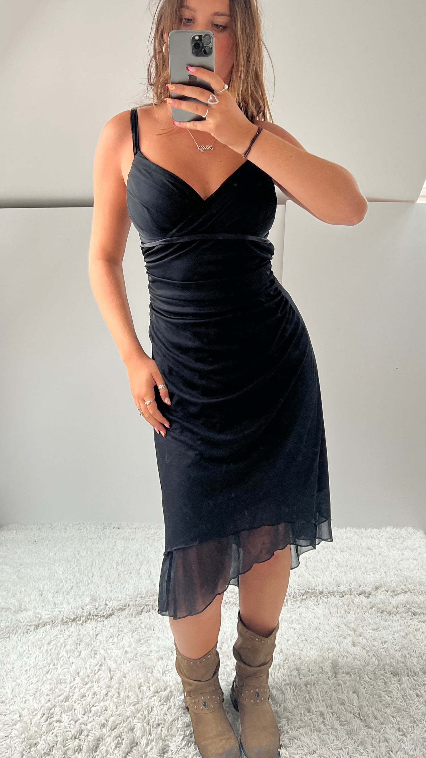 00s black mesh asymmetric midi dress- size L