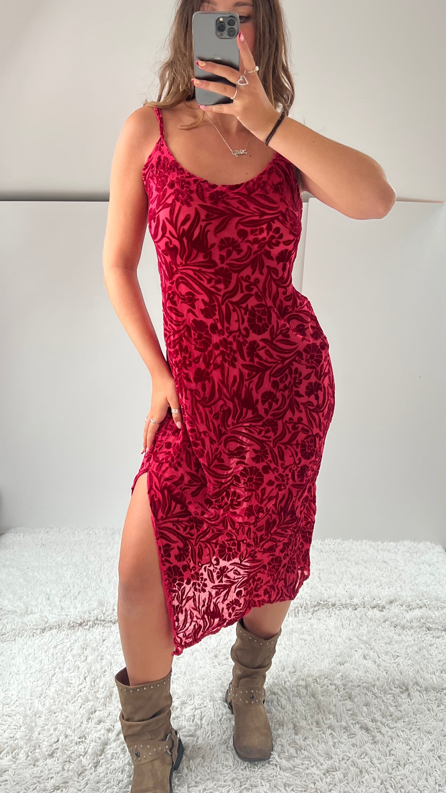 00s red velvet maxi dress- size M/L