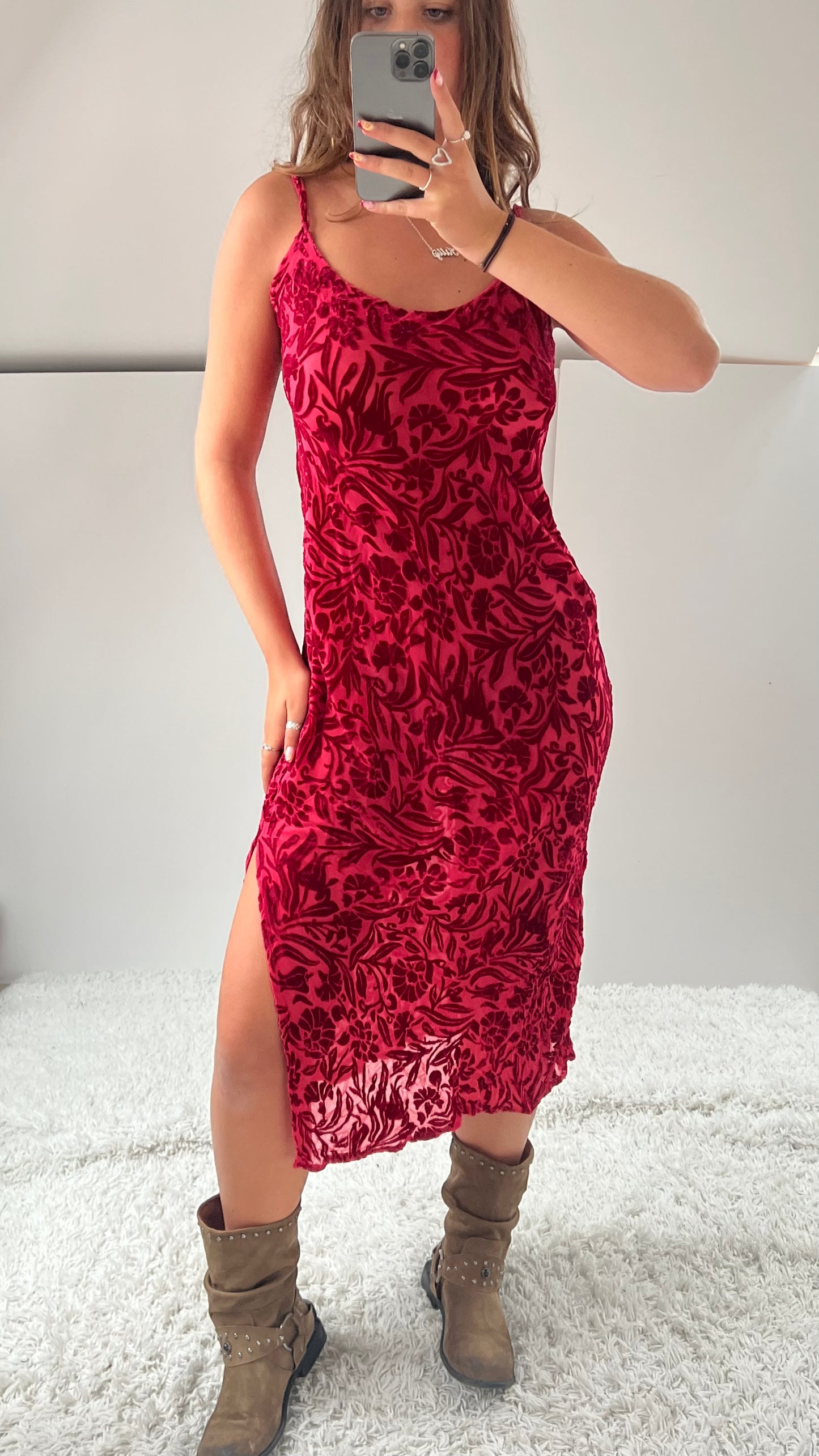 00s red velvet maxi dress- size M/L