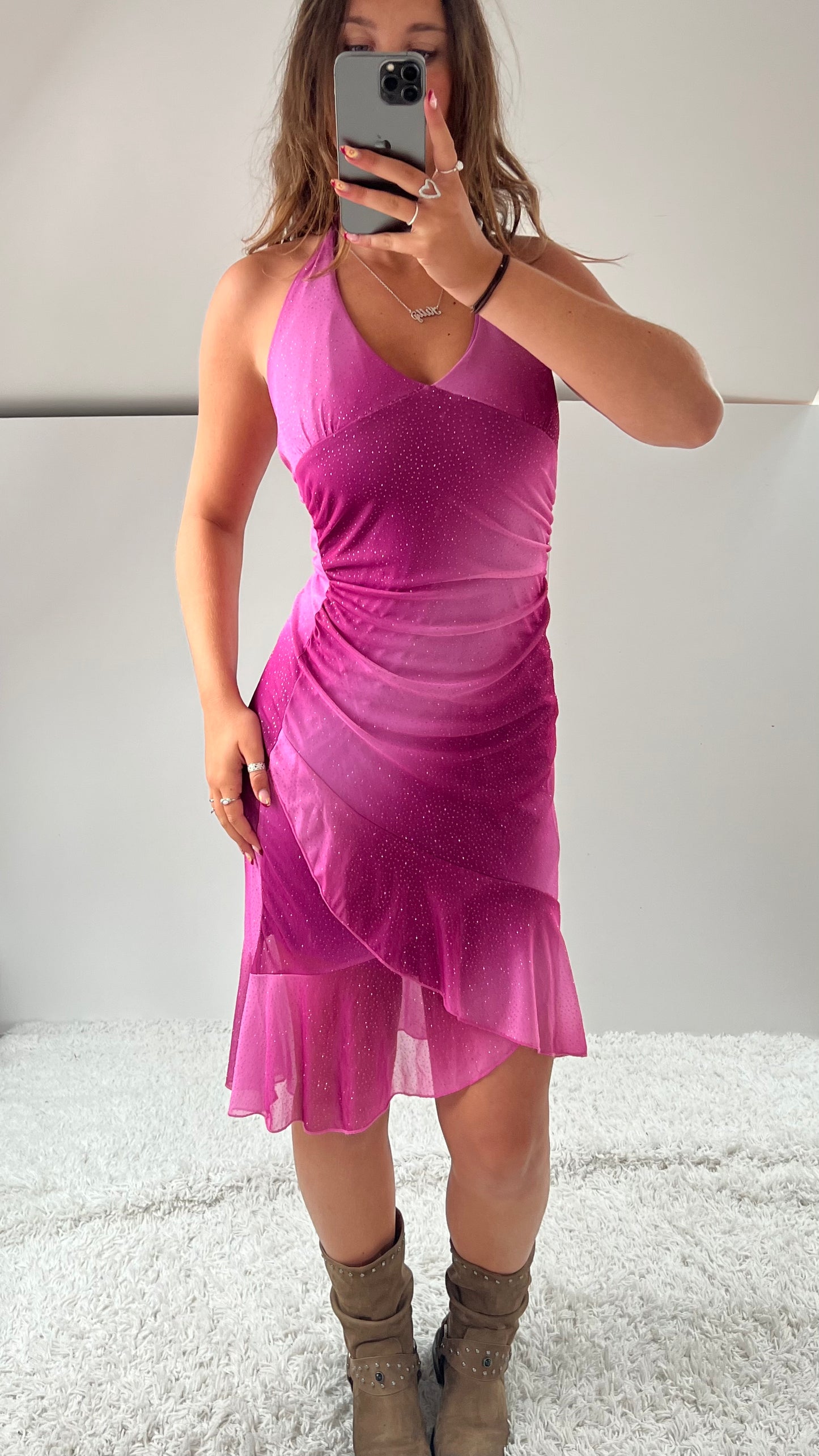 00s pink glitter ruffle midi dress- size S