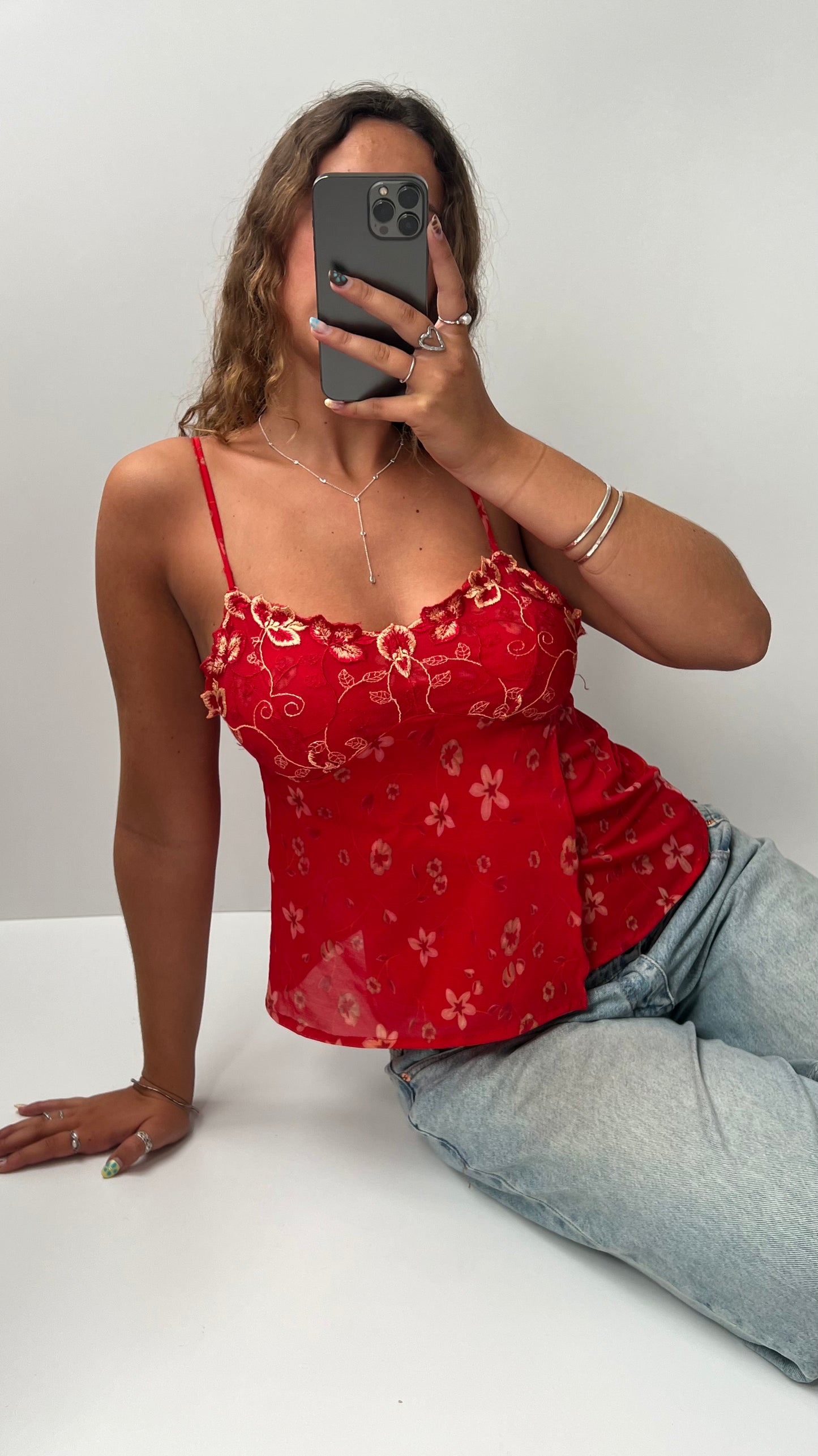 00s red floral mesh cami- size S