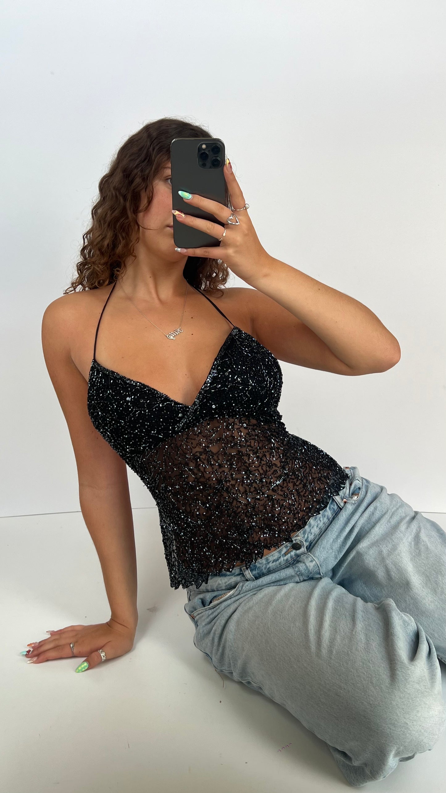00s black sequin backless cami- size M