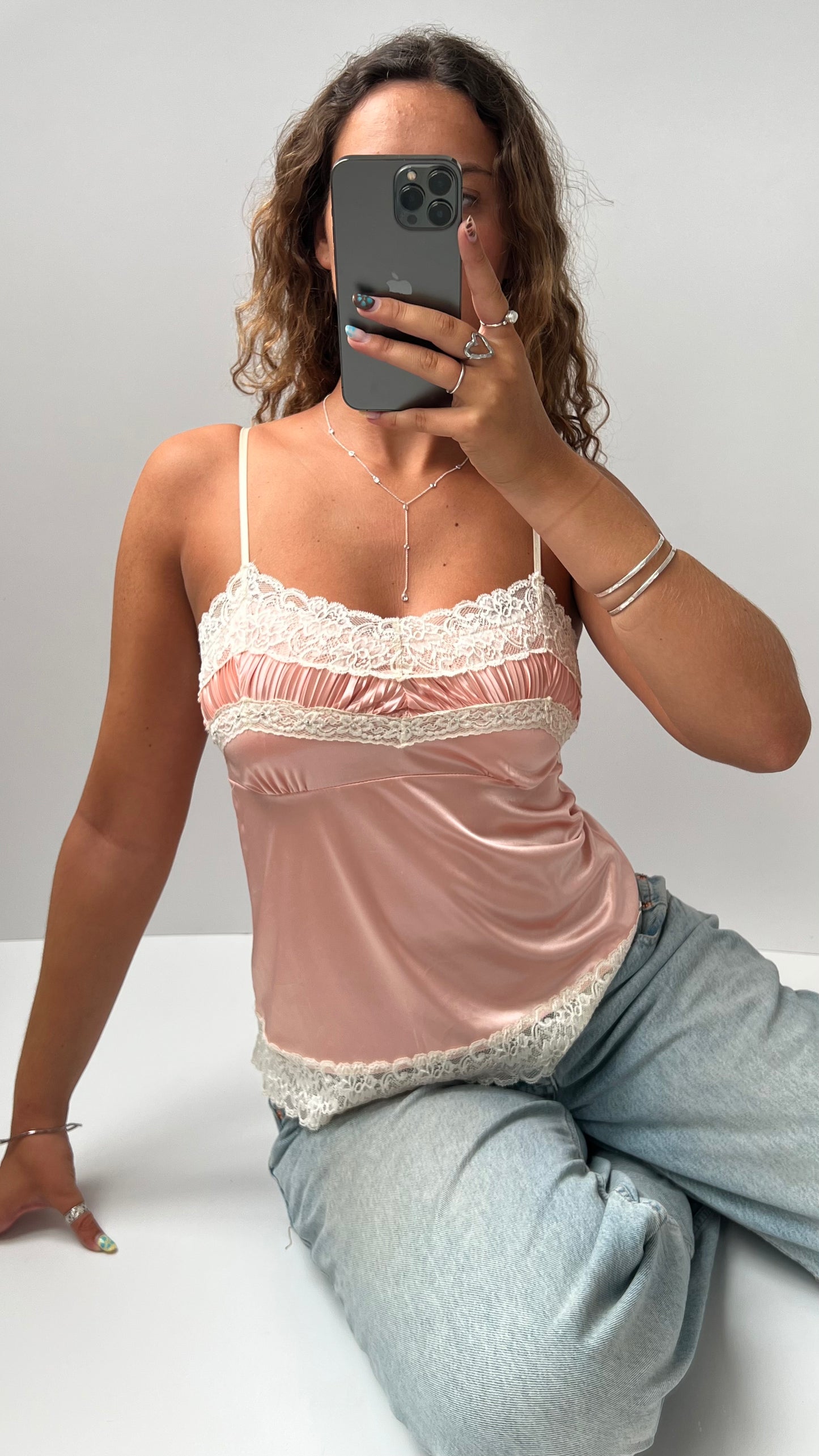 00s pink satin lace cami- size S