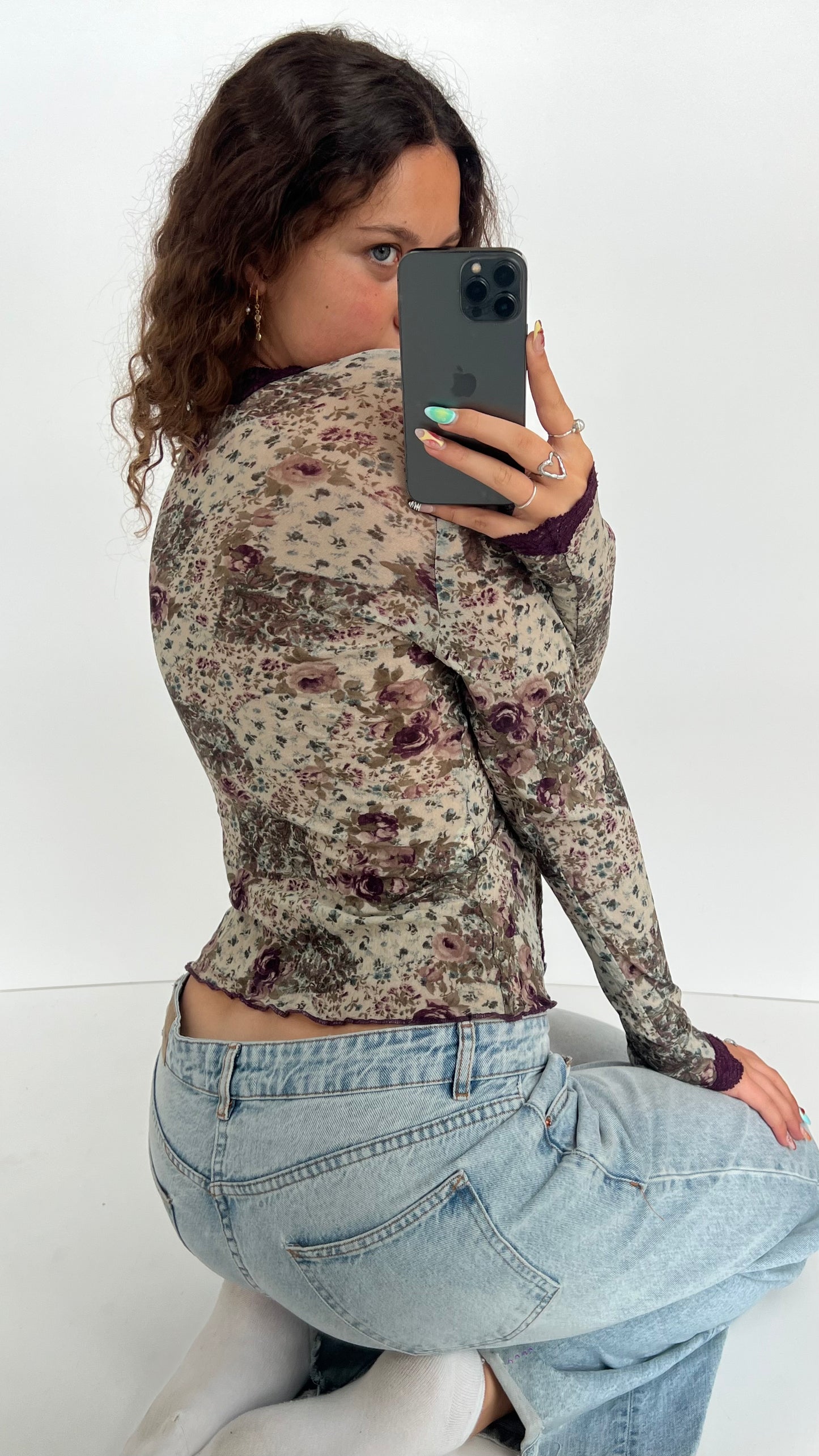 00s purple floral top- size L