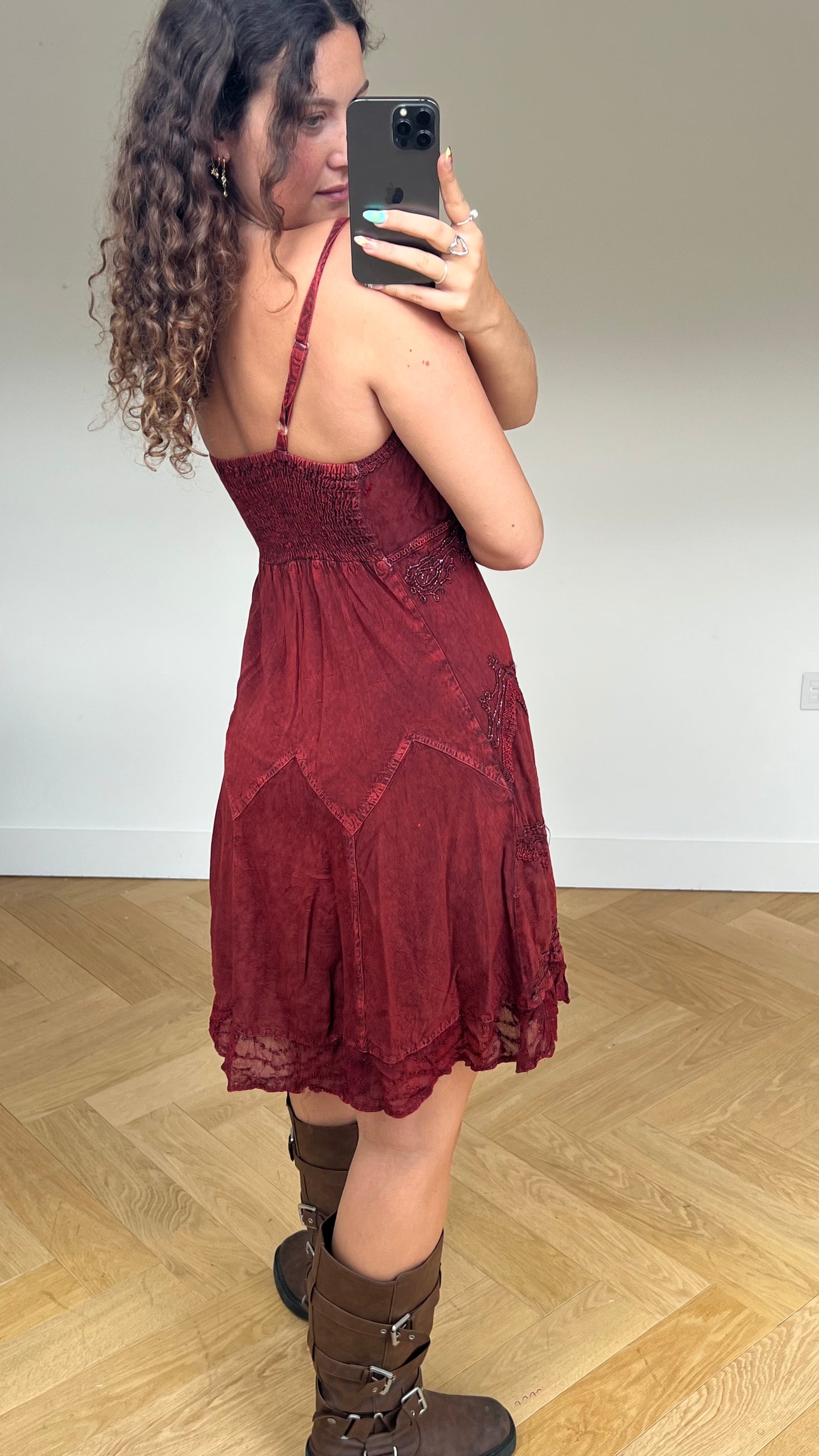 00s red boho midi dress- size L/XL
