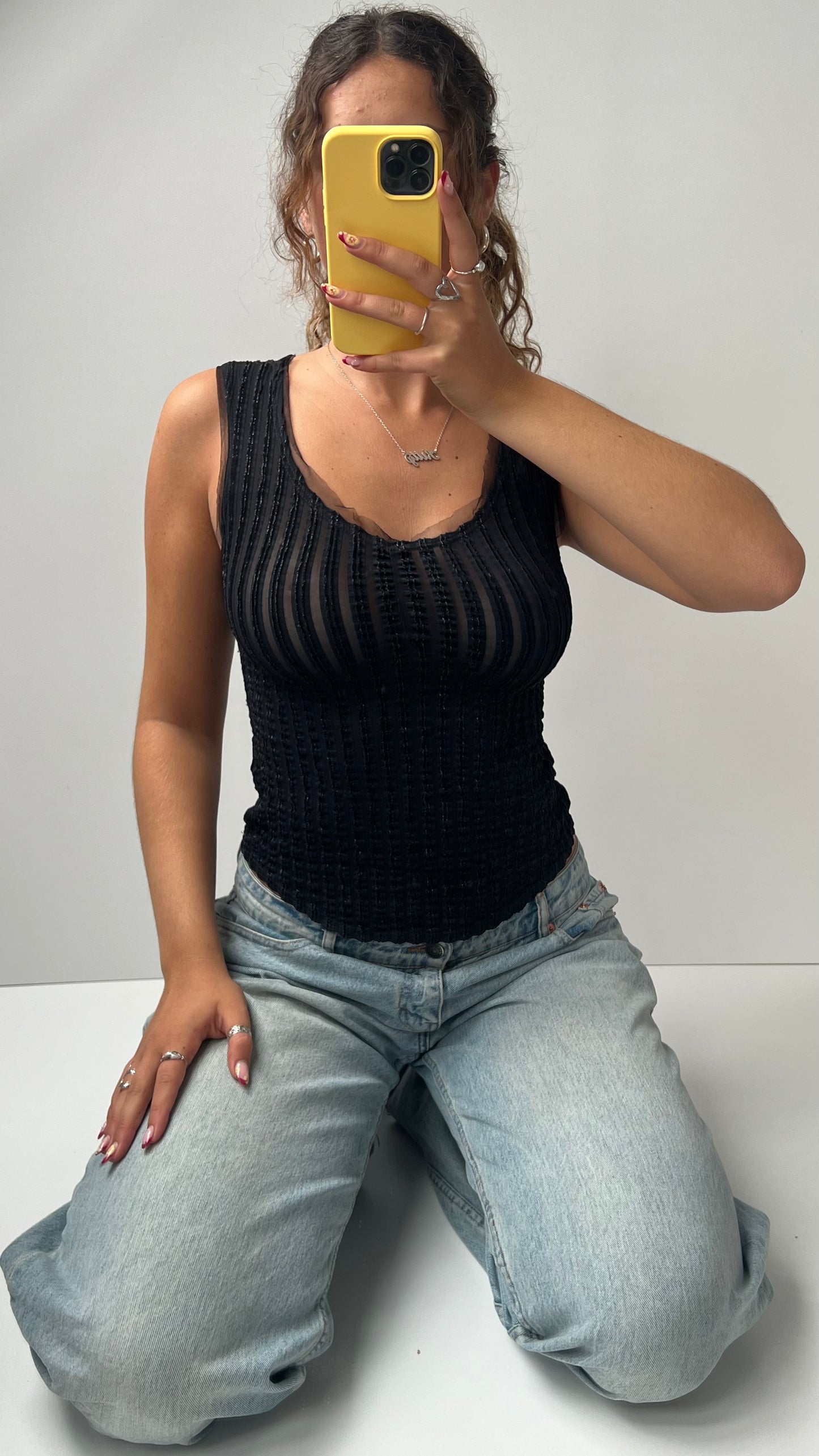 00s black glitter mesh tank top- size S