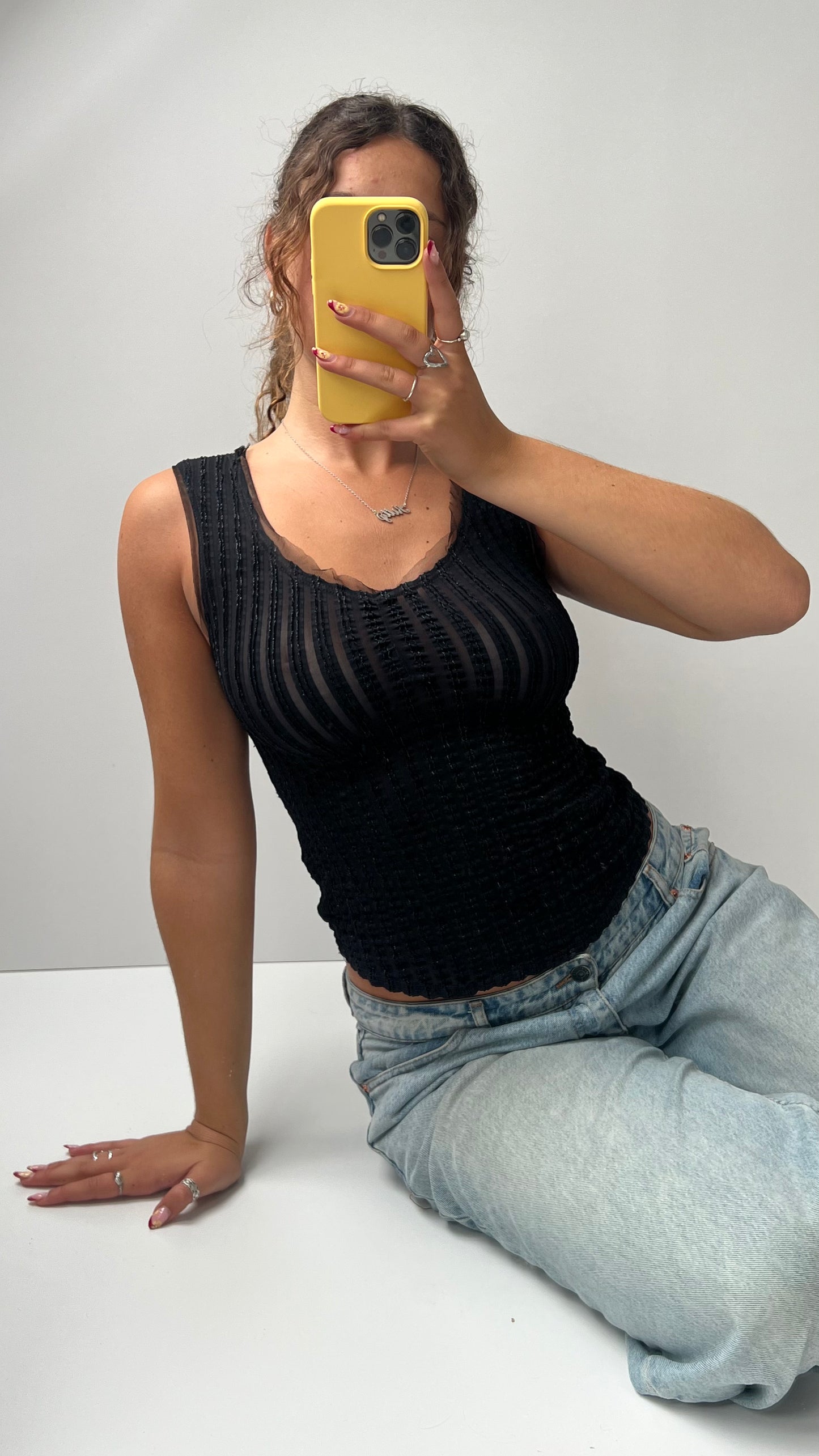 00s black glitter mesh tank top- size S