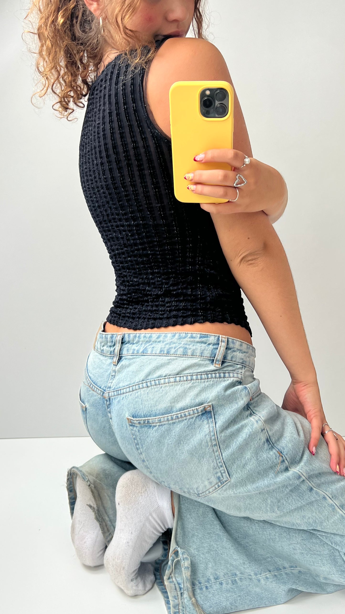 00s black glitter mesh tank top- size S
