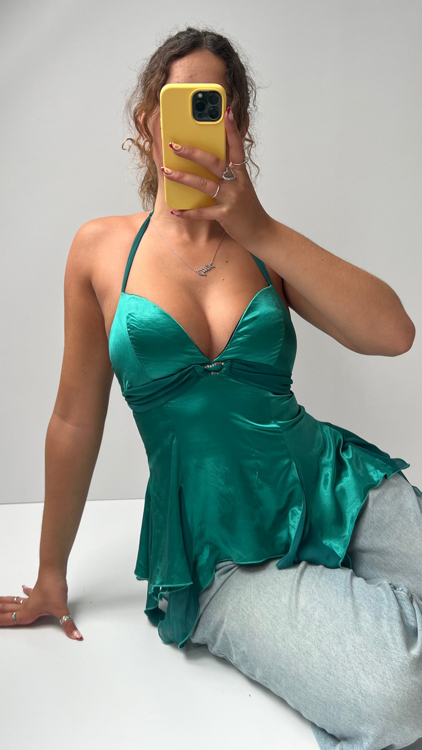 00s green satin babydoll cami- size S