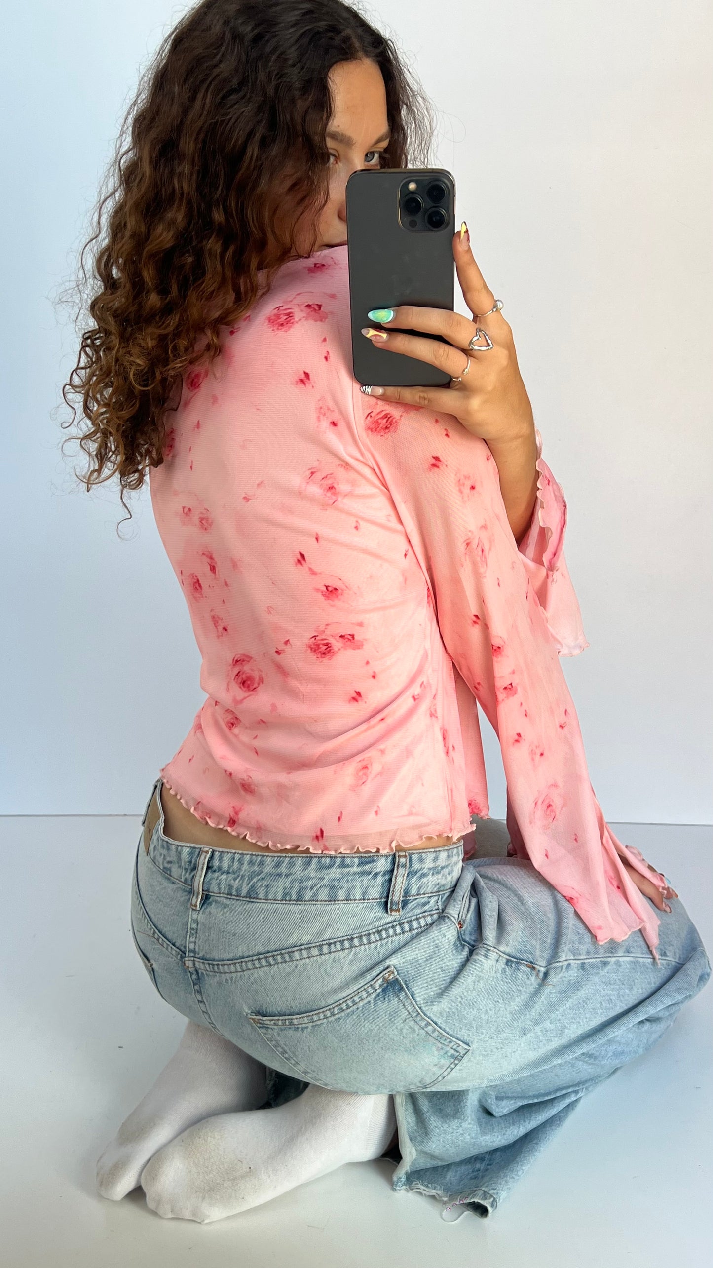 00s pink floral mesh top- size XXL