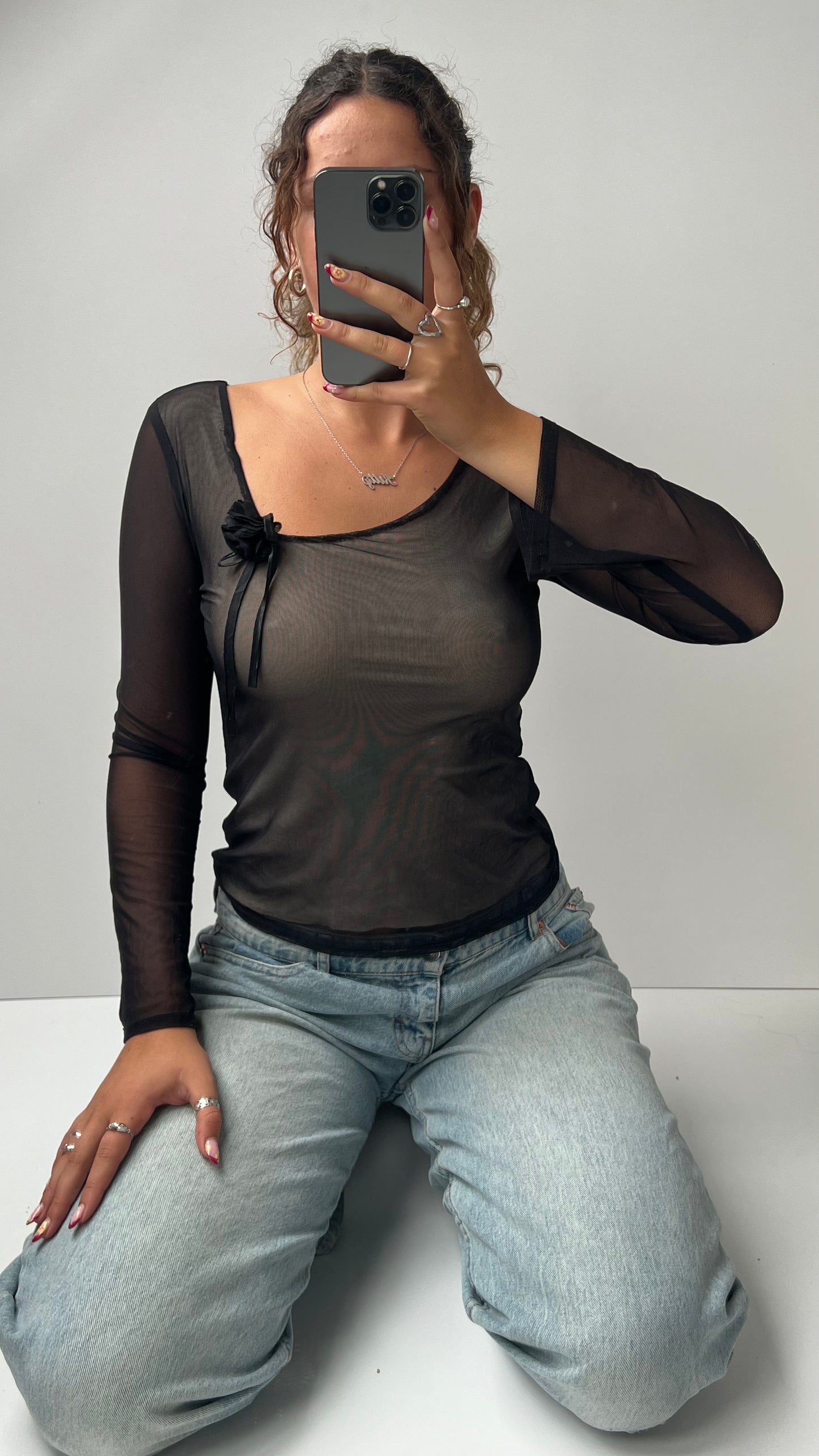 00s black mesh long sleeve top- size s/m