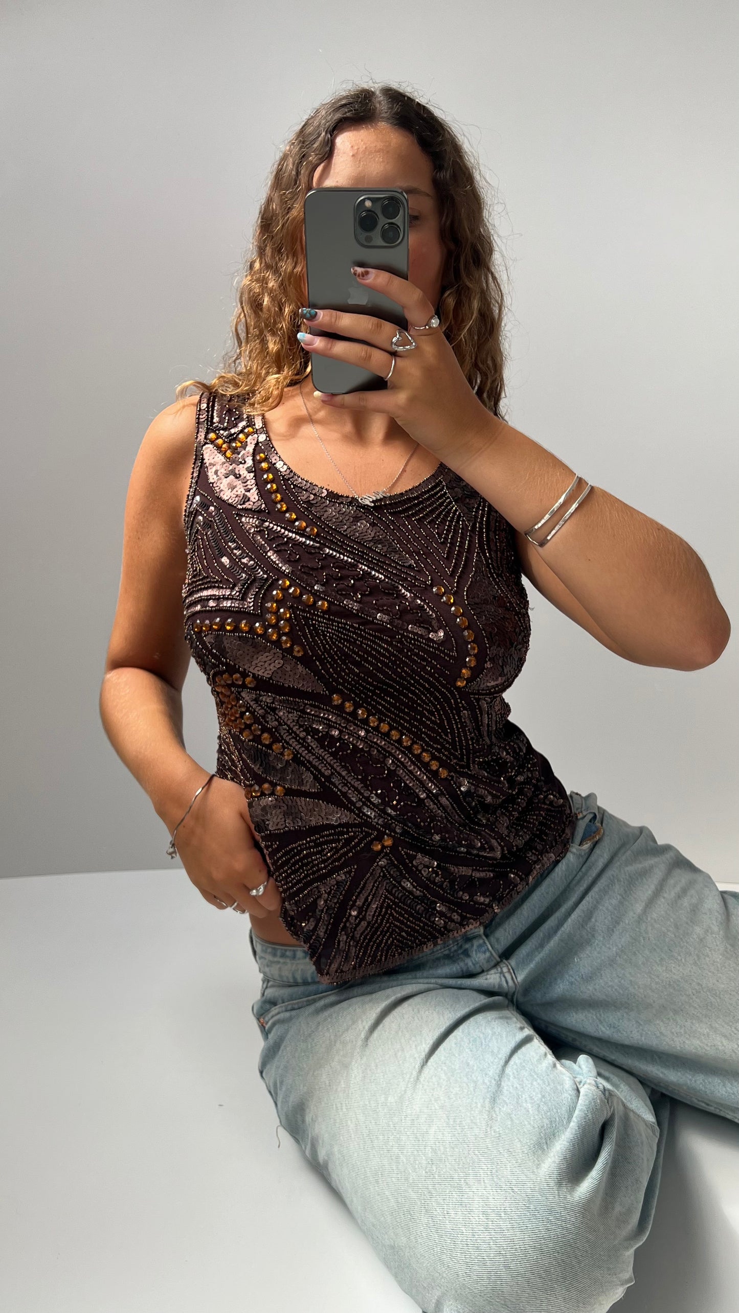 00s brown beaded sequin cami- size L