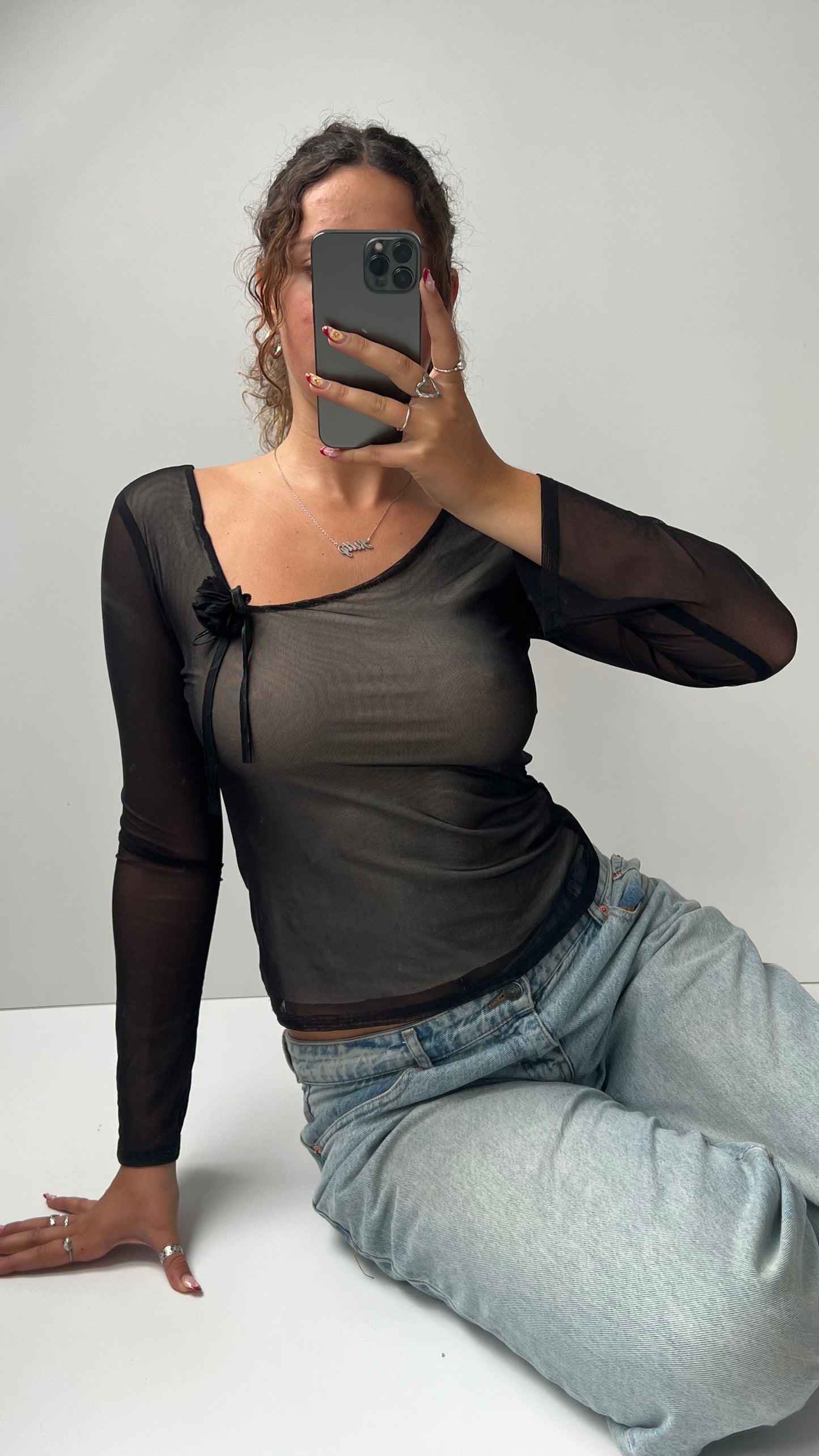 00s black mesh long sleeve top- size s/m