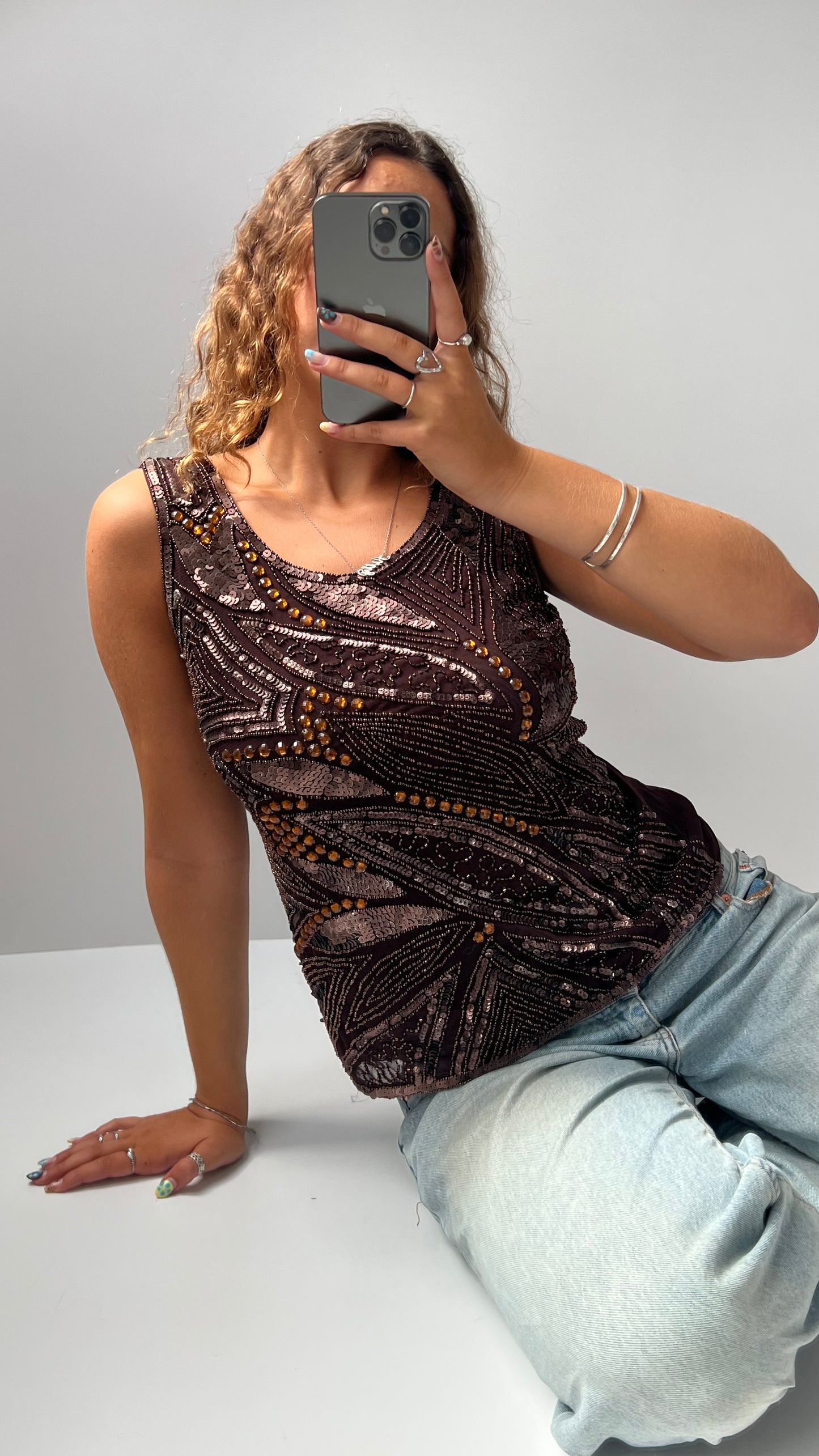 00s brown beaded sequin cami- size L