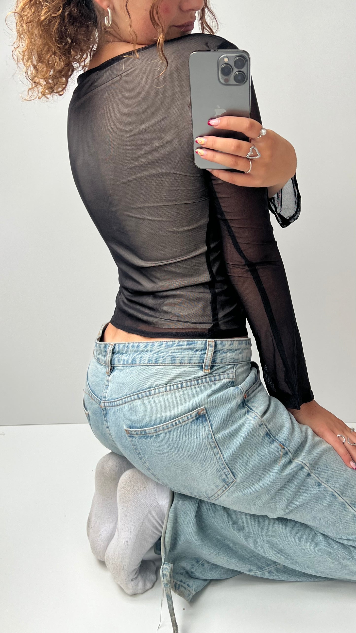 00s black mesh long sleeve top- size s/m