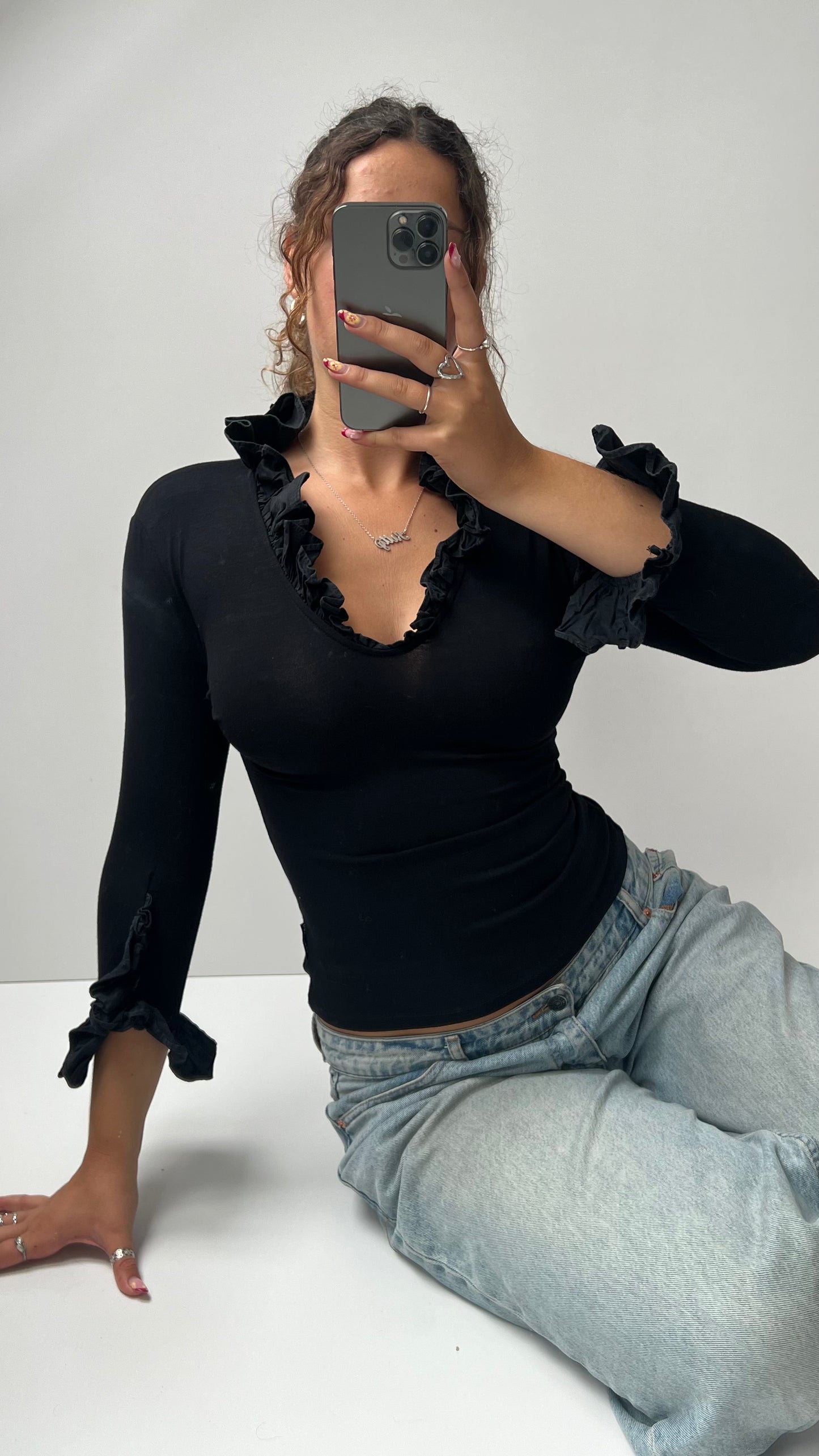 00s black ruffle long sleeve top- size S
