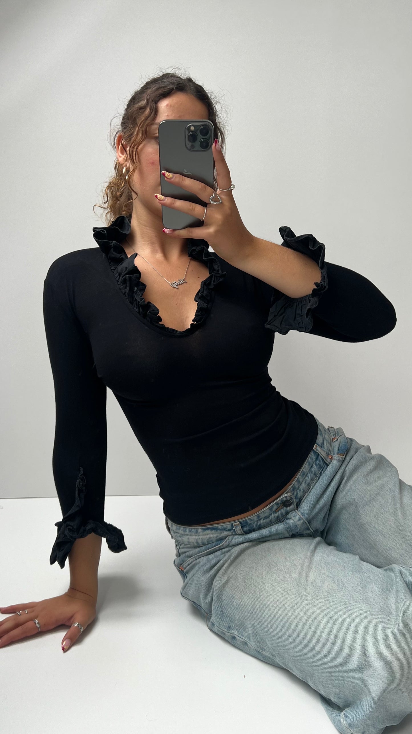 00s black ruffle long sleeve top- size S