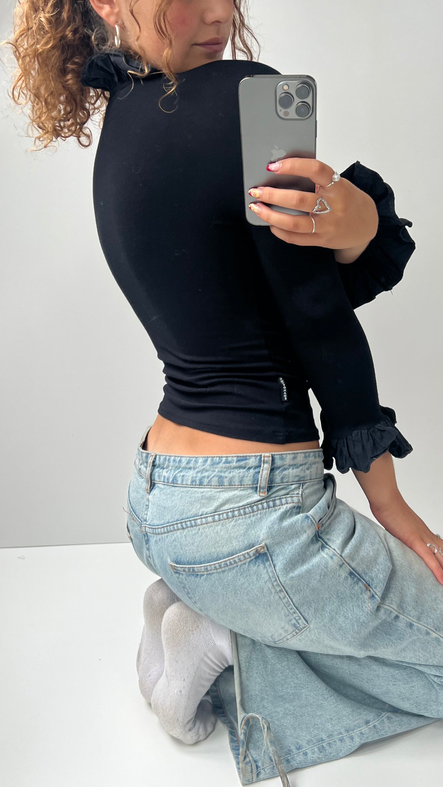 00s black ruffle long sleeve top- size S