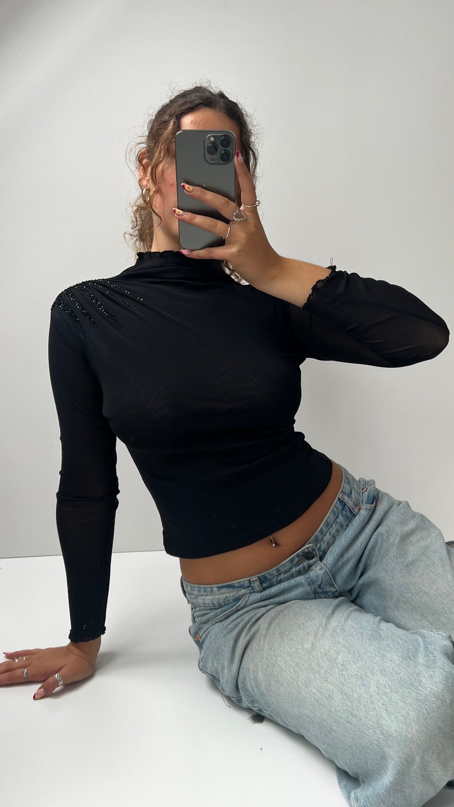 00s black mesh sequin top- size S