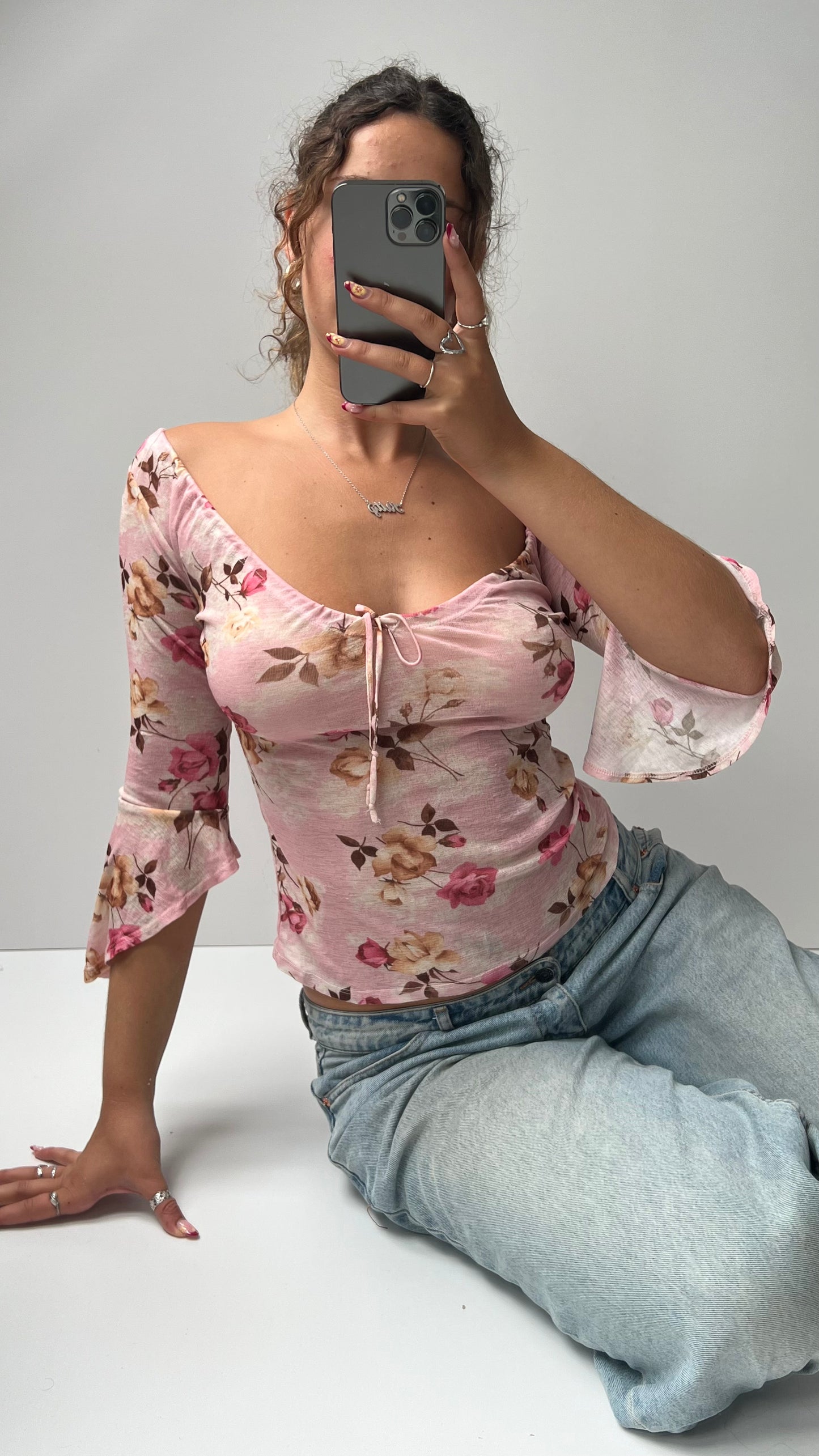 00s pink mesh floral top- size S