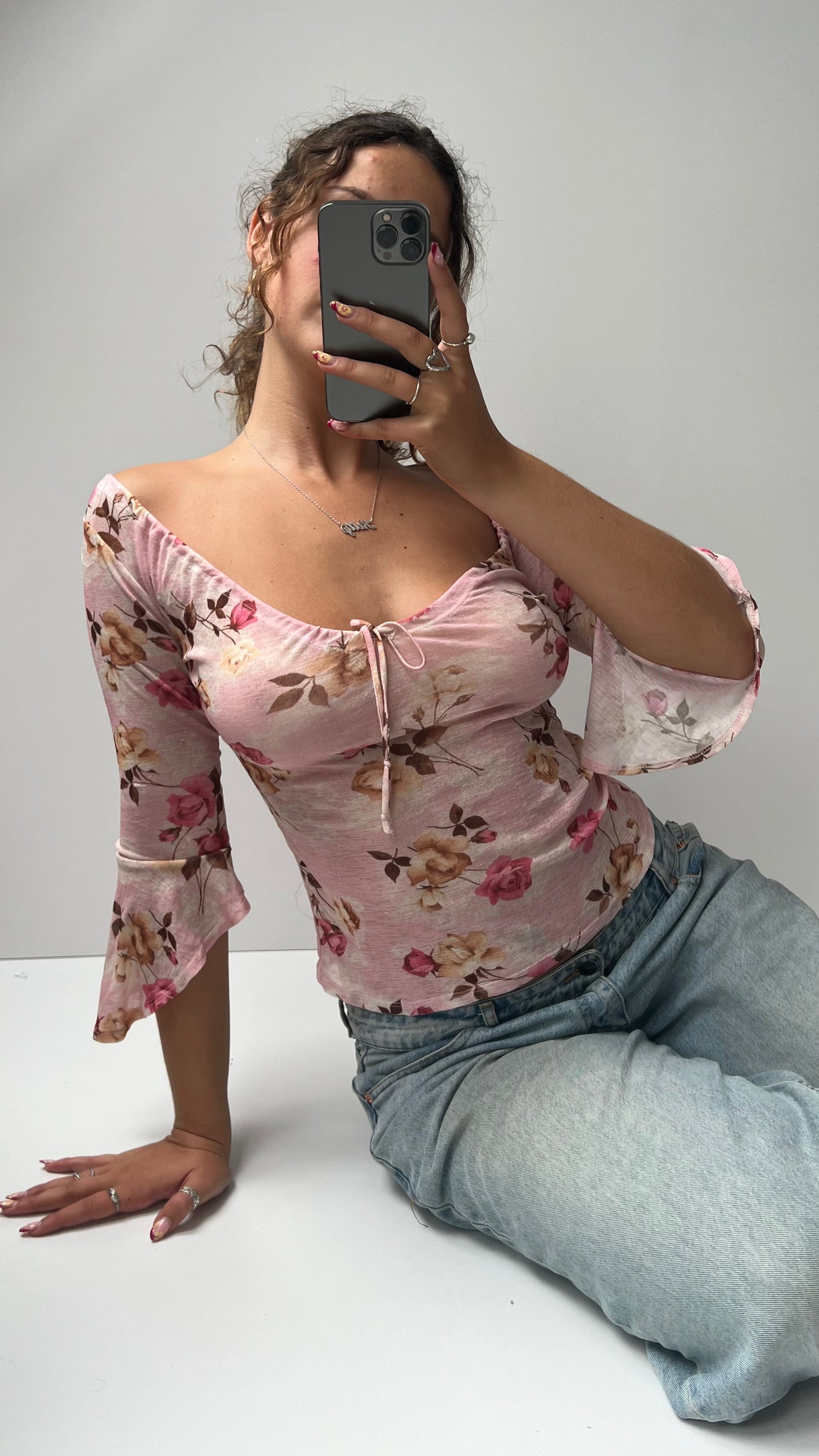 00s pink mesh floral top- size S