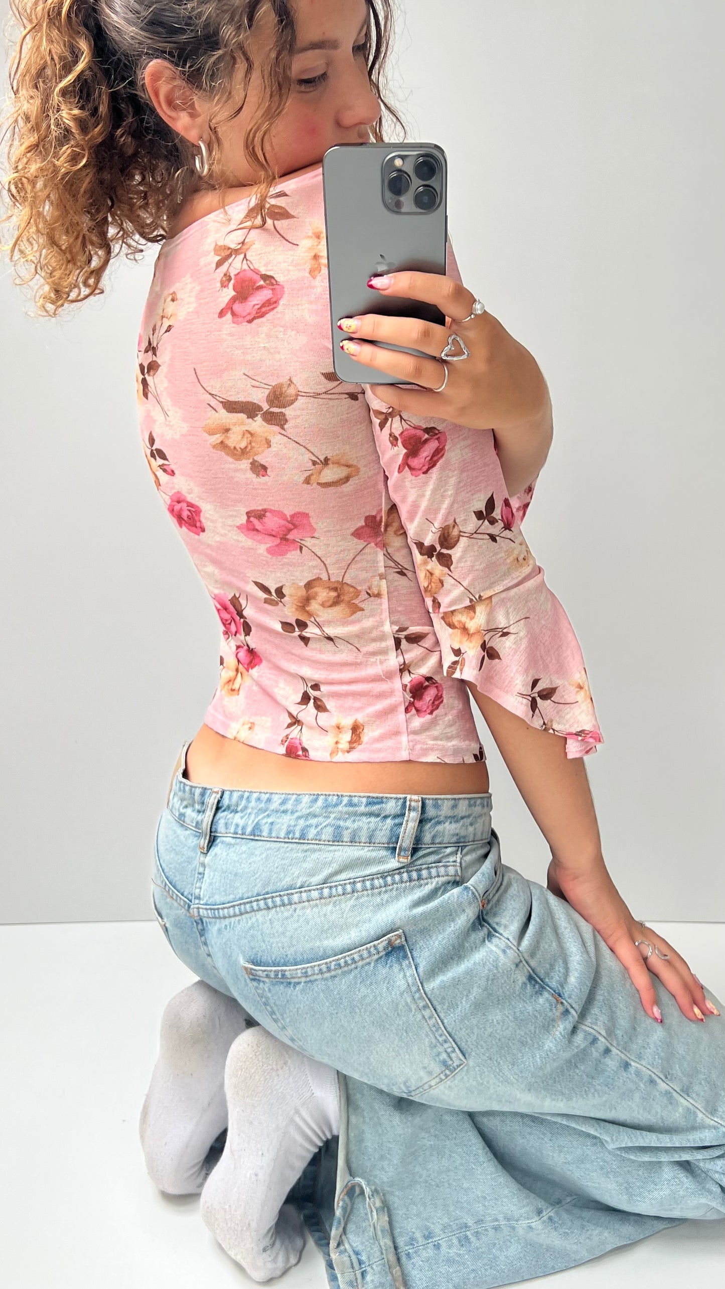 00s pink mesh floral top- size S