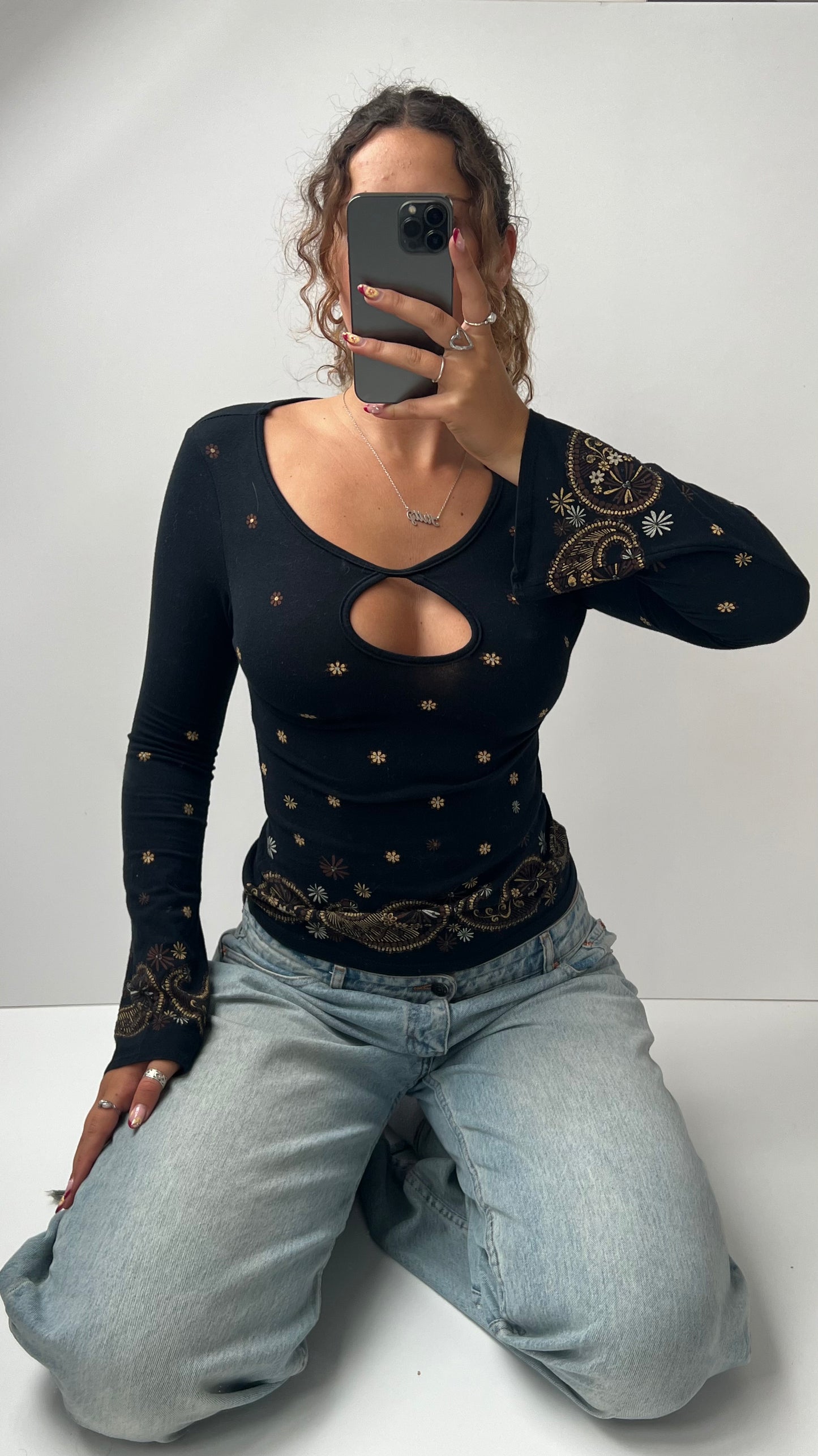 00s black long sleeve boho top- size S