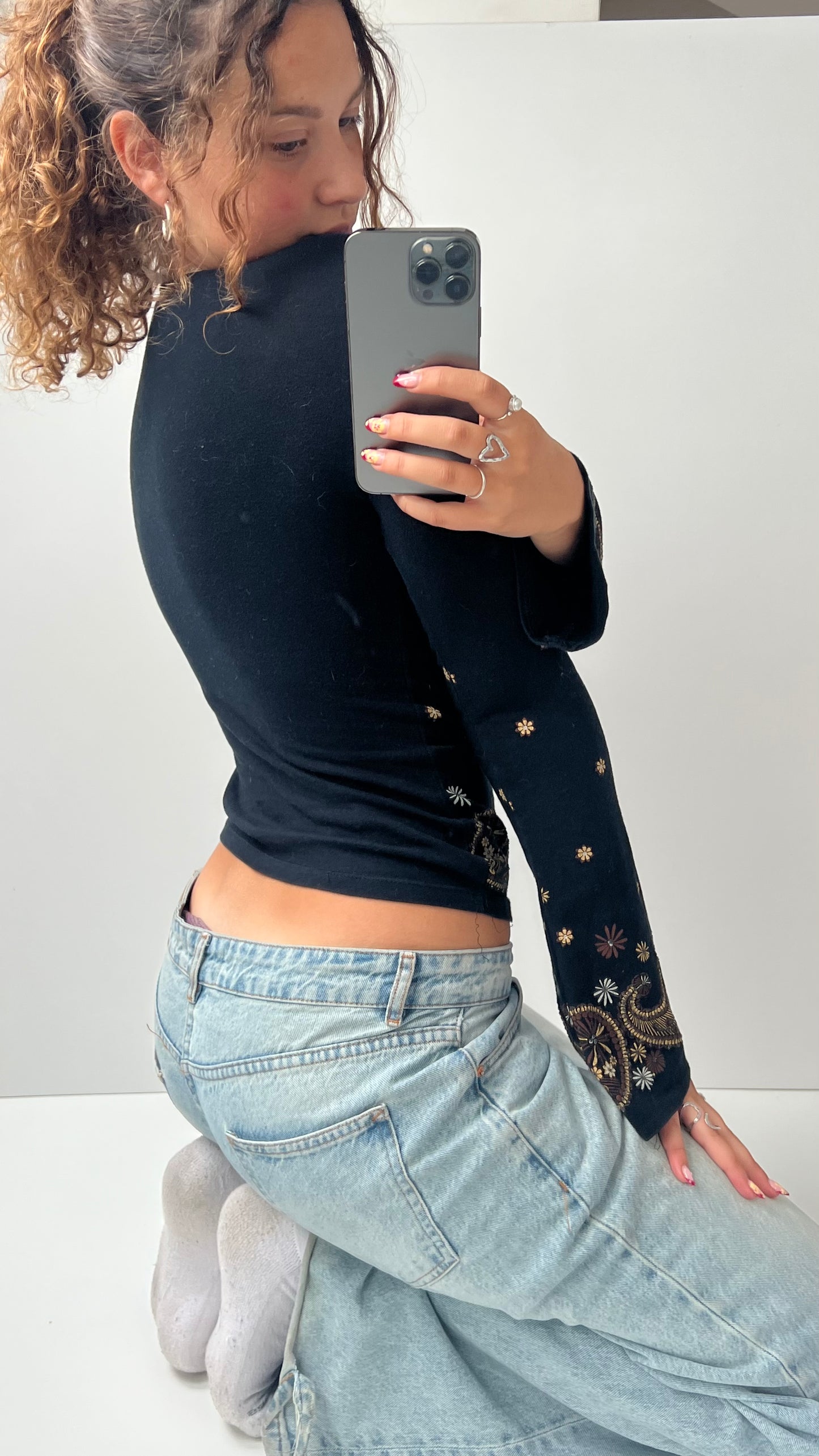 00s black long sleeve boho top- size S