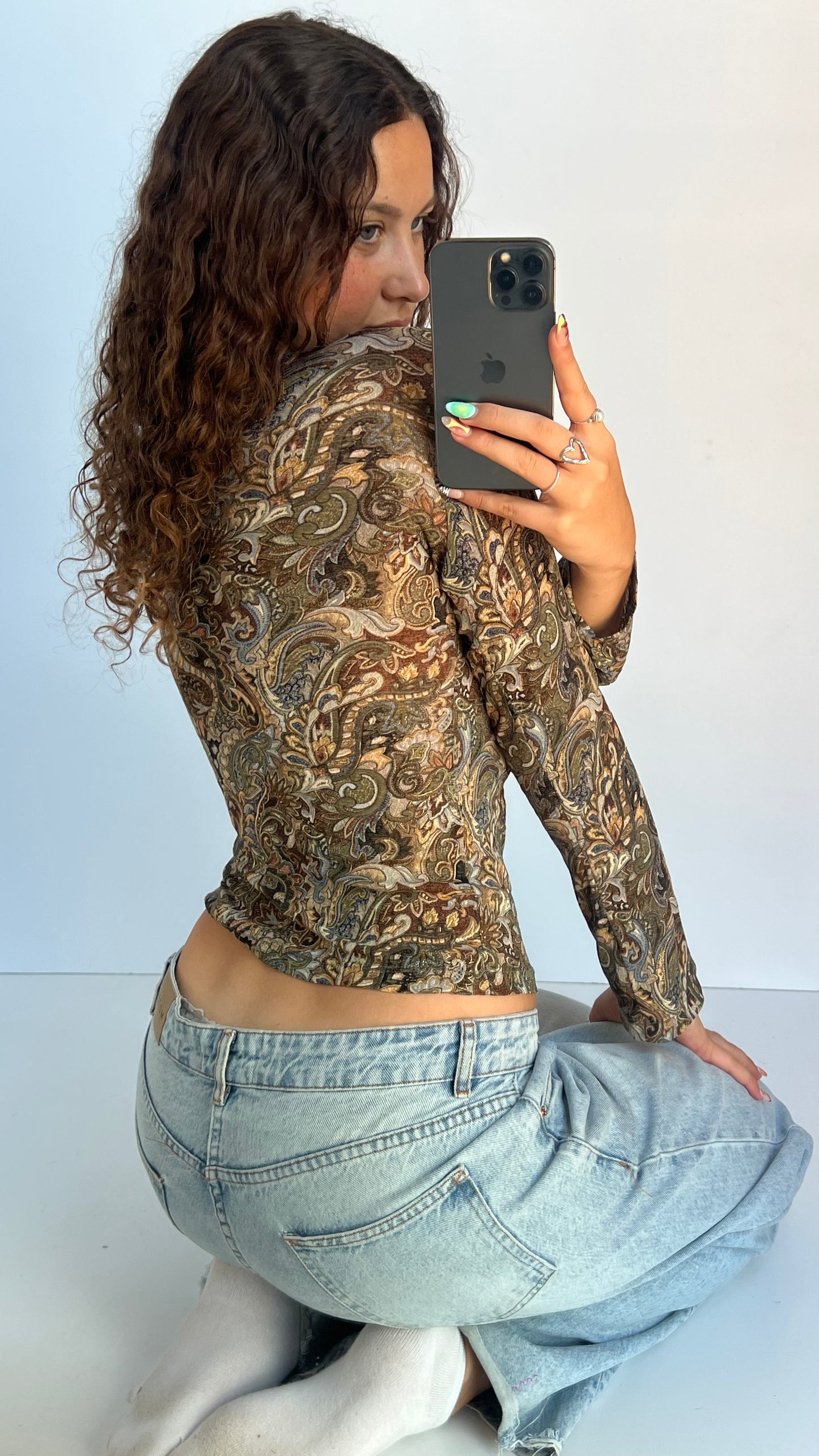 00s khaki brown paisley top- size M