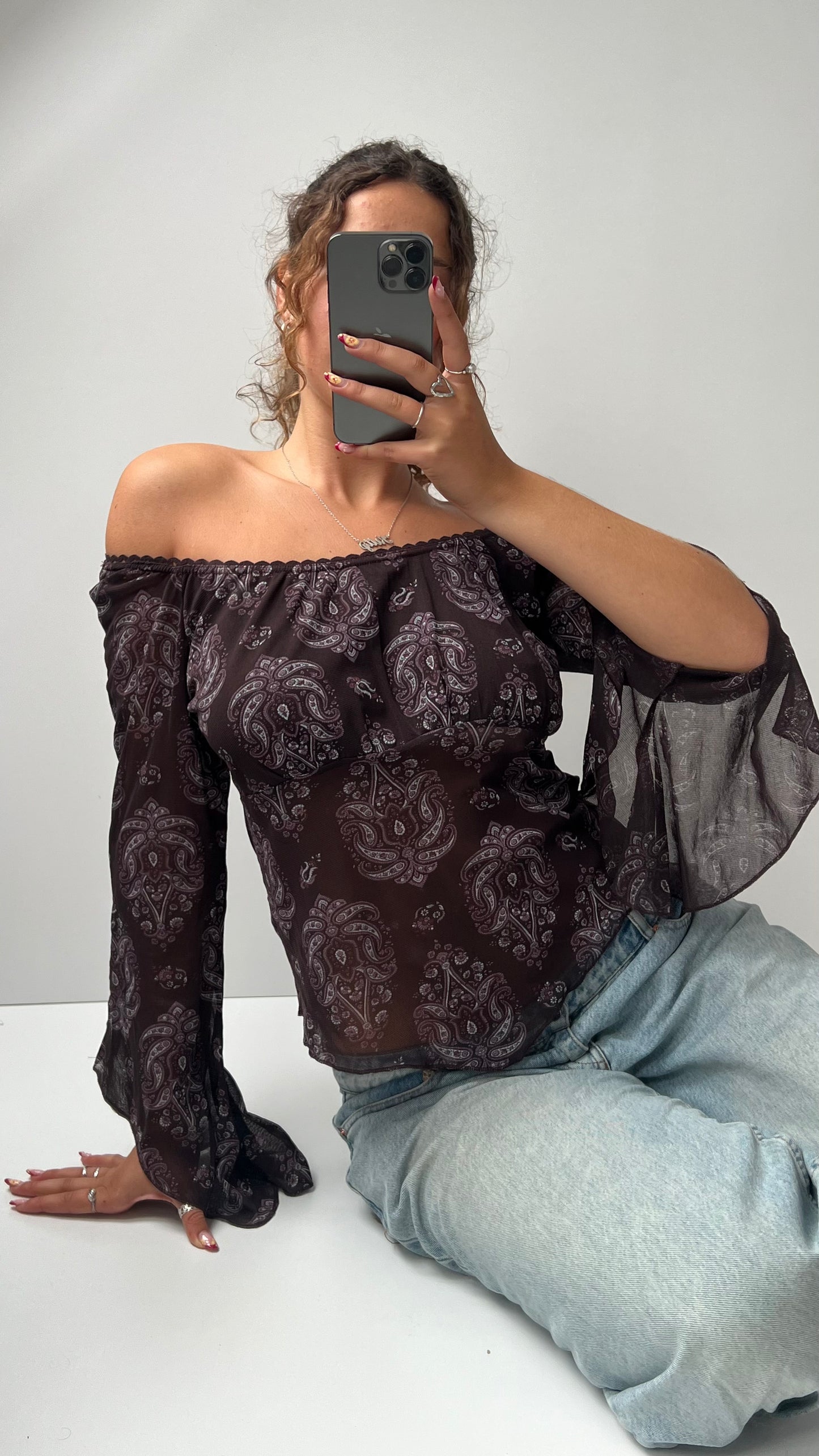 00s brown mesh long sleeve top- size M/L