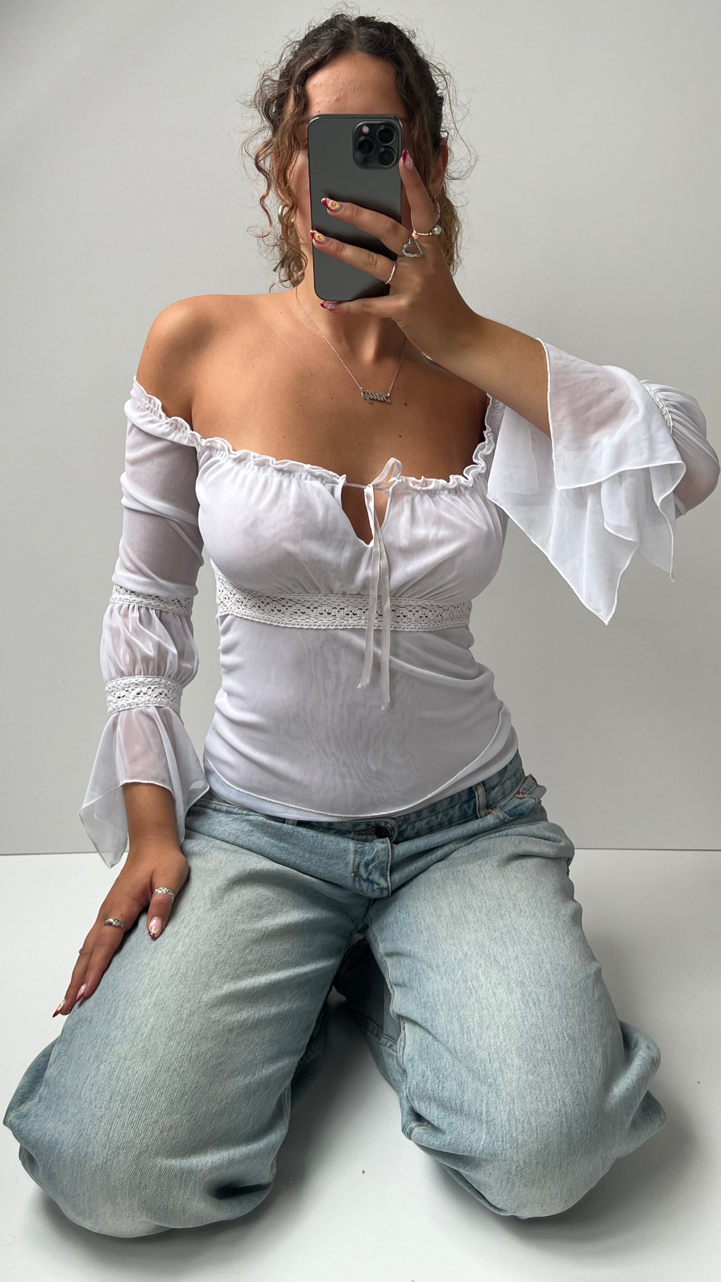 00s white mesh long sleeve top- size S