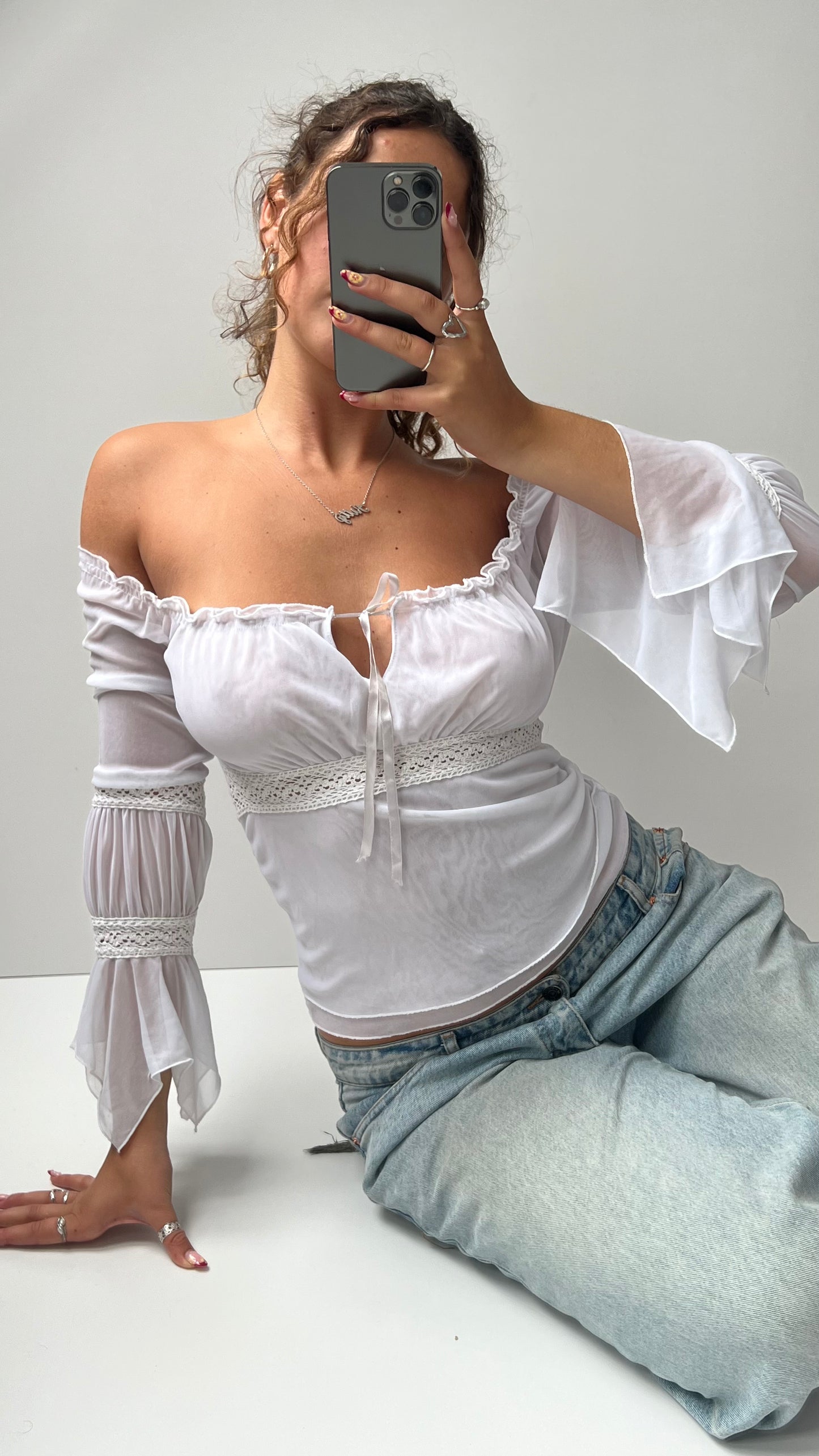 00s white mesh long sleeve top- size S