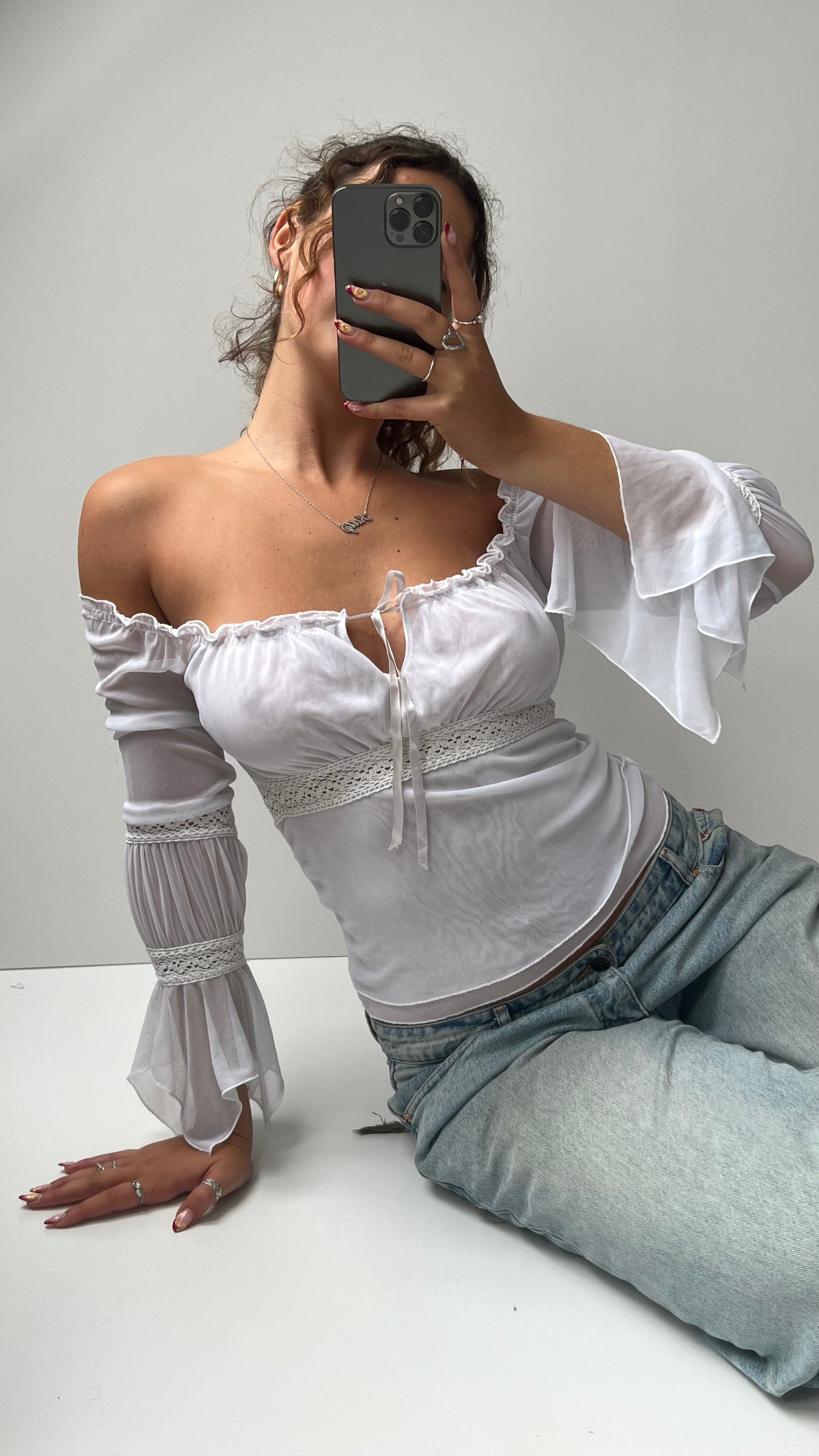 00s white mesh long sleeve top- size S
