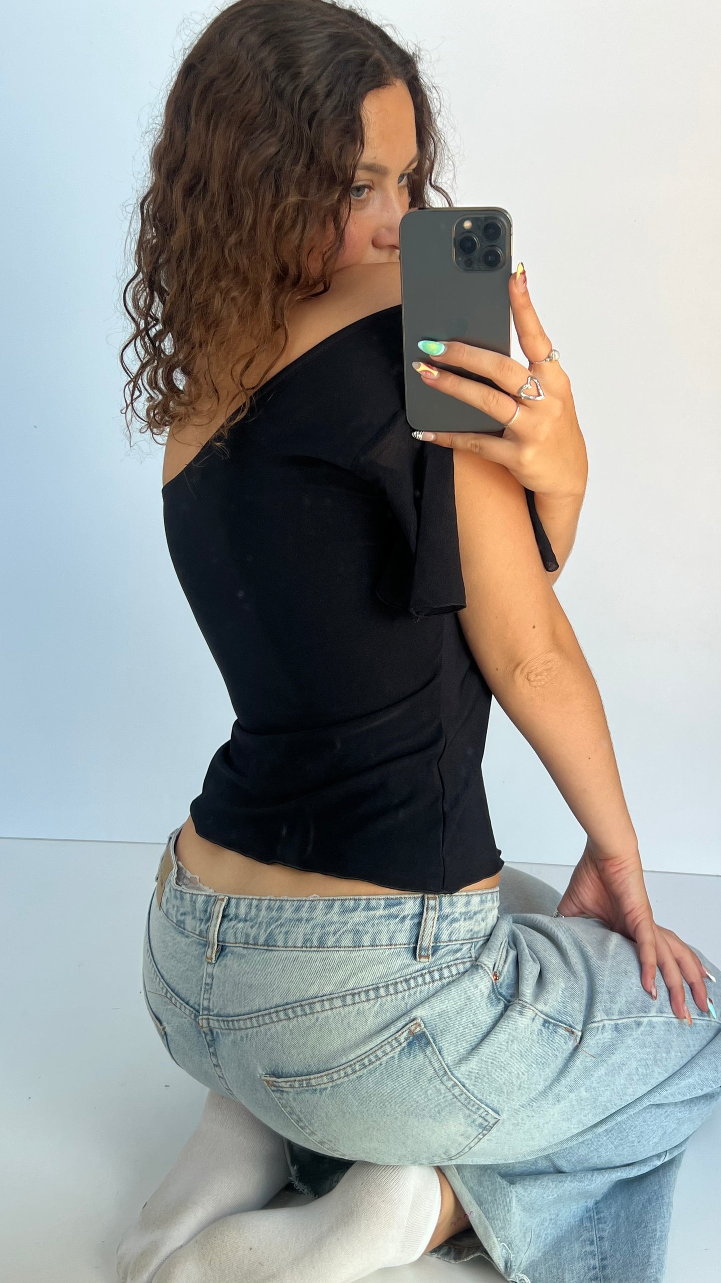 00s black one shoulder top- size XL
