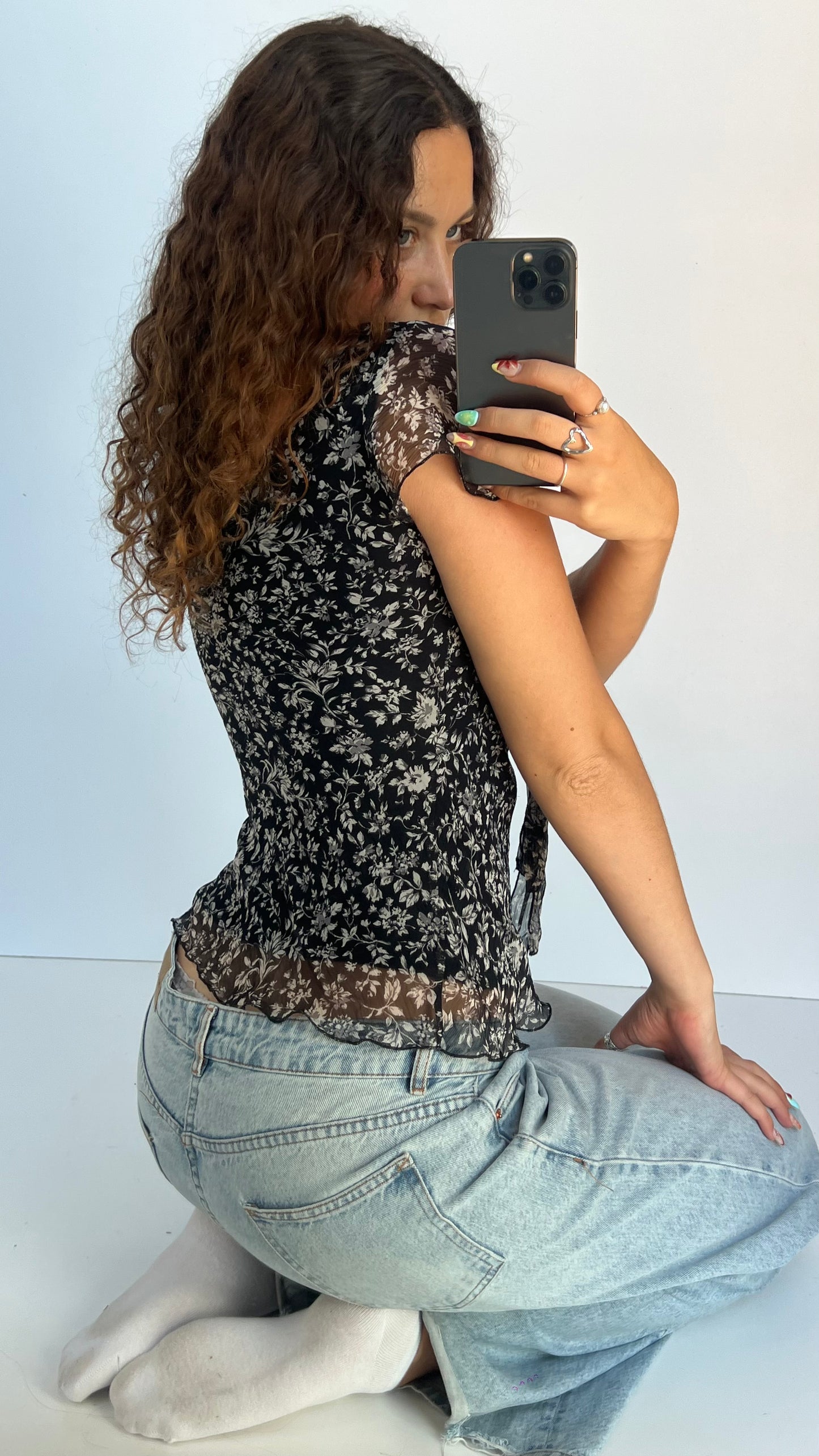 00s black floral babydoll top- size M