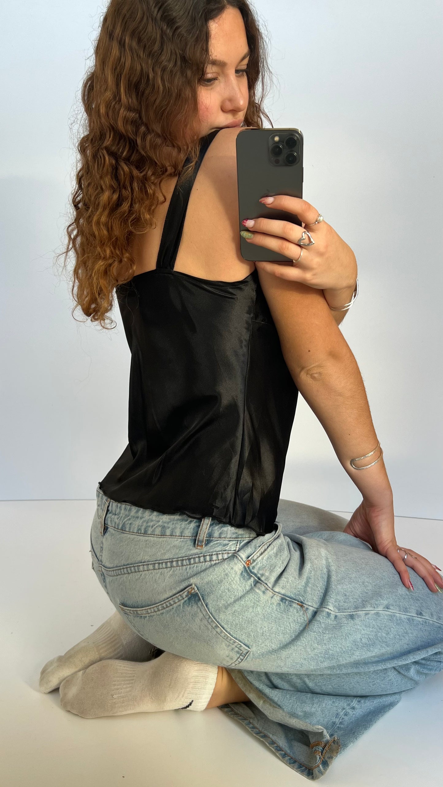 00s black satin lace cami- size L
