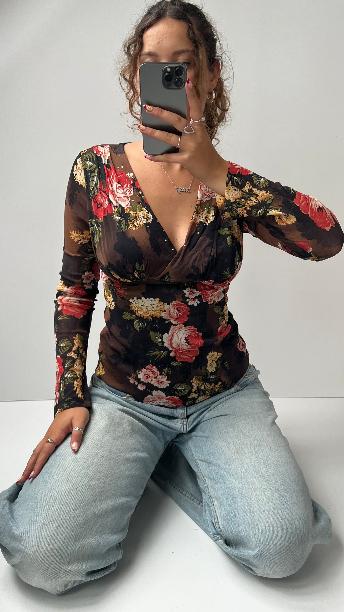 00s brown floral long sleeve top- size L