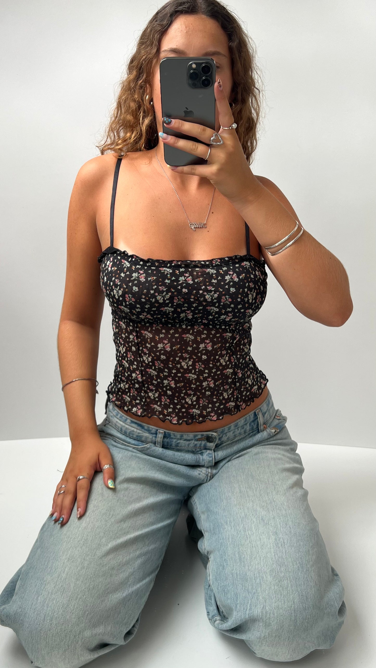 00s black floral mesh cami- size S