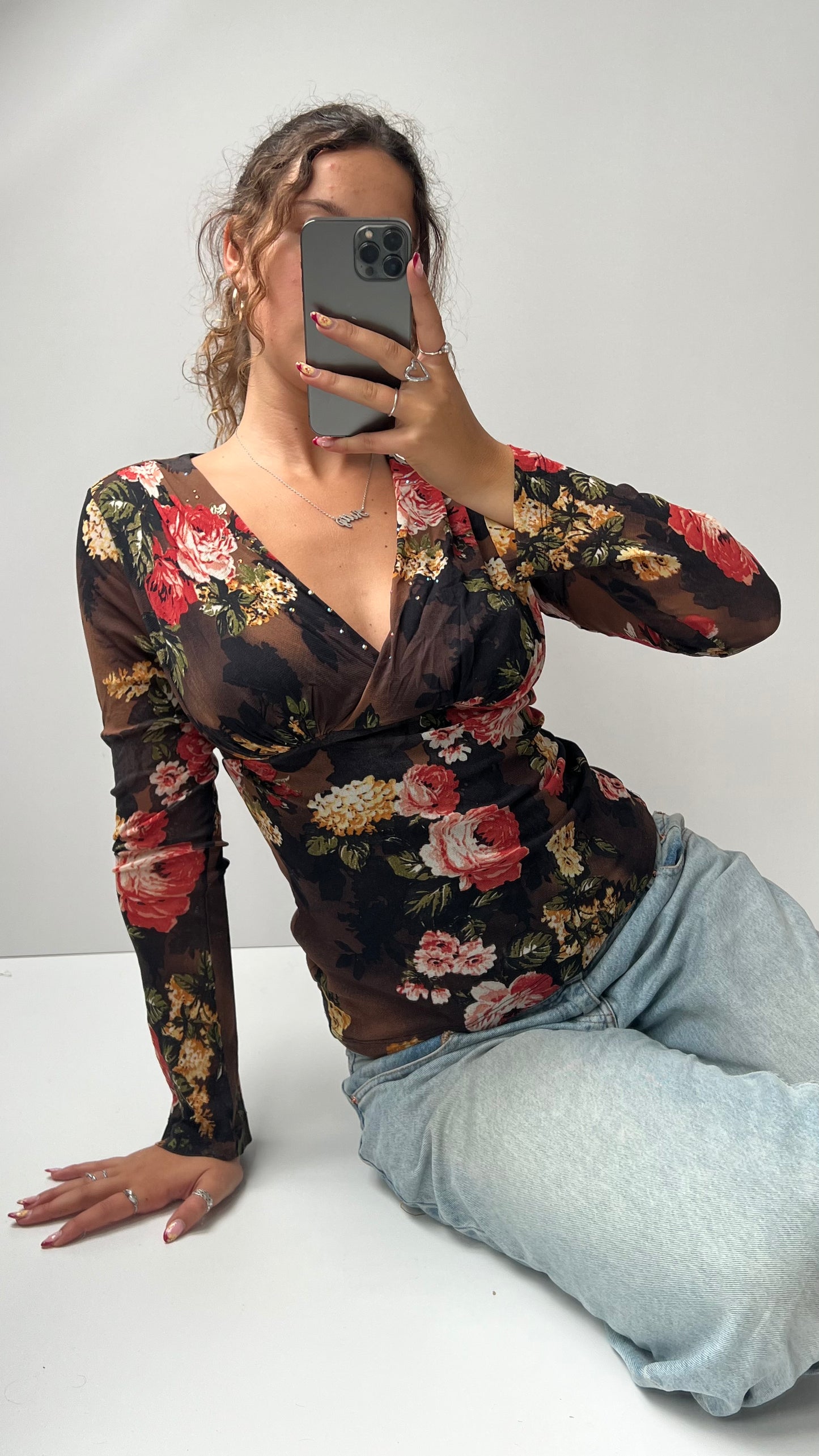 00s brown floral long sleeve top- size L