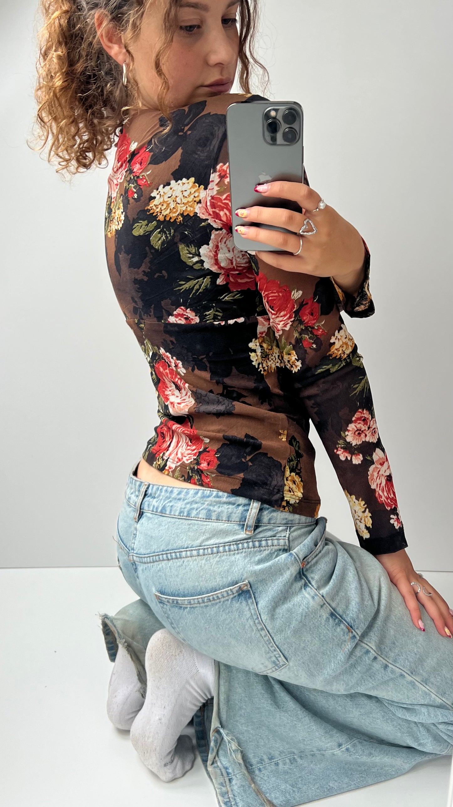 00s brown floral long sleeve top- size L