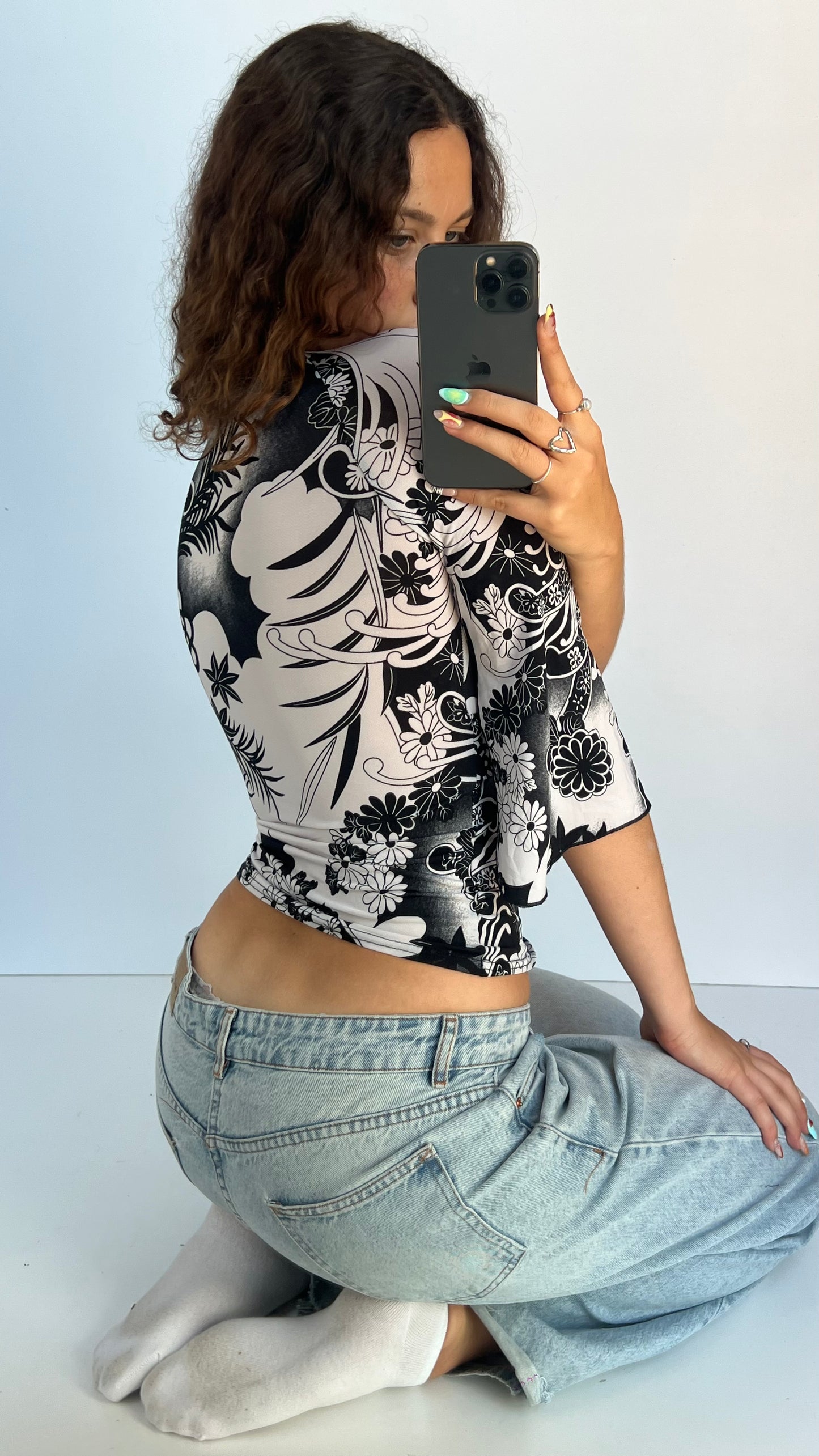 00s white black floral top- size S/M