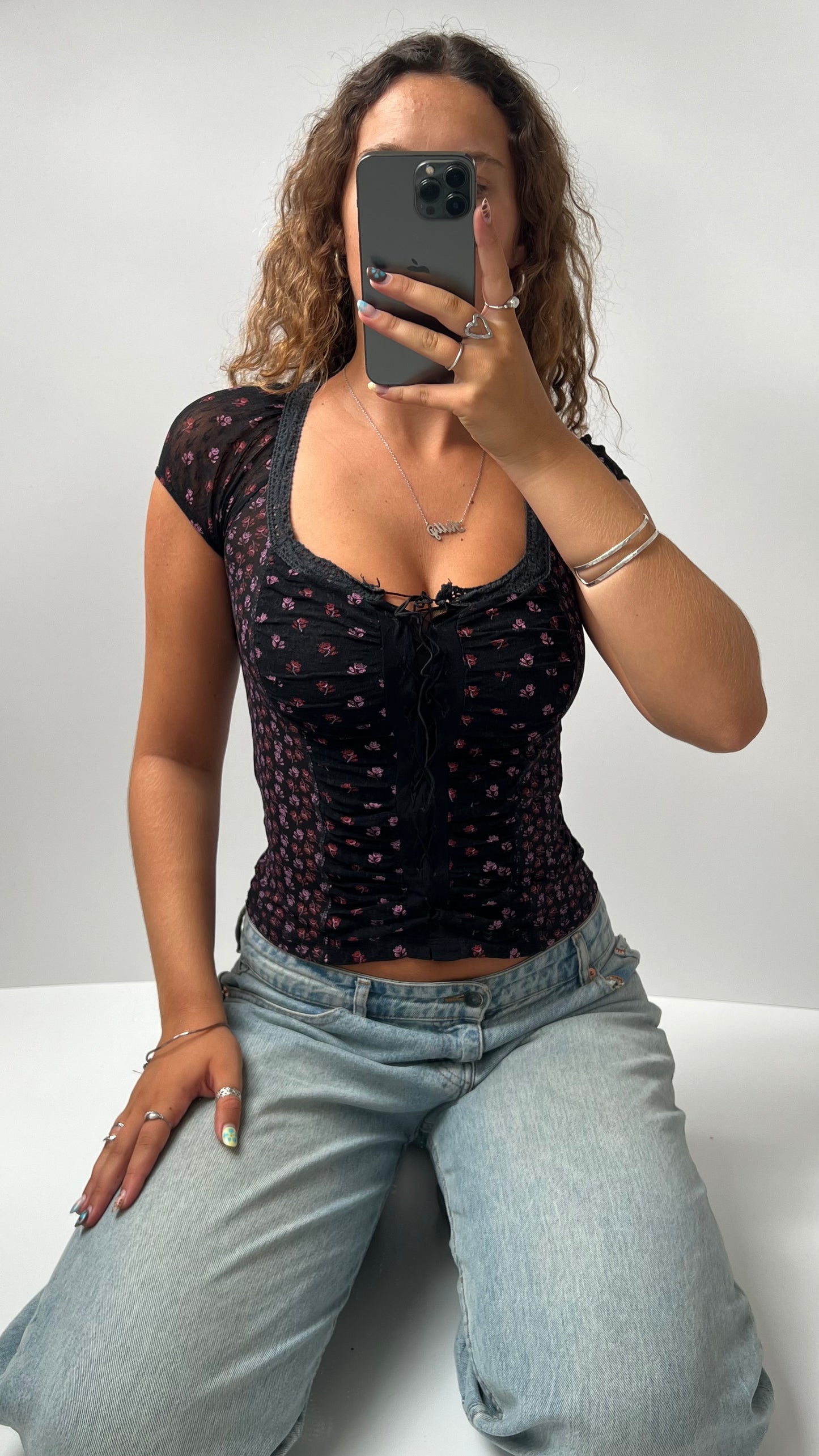 00s black floral milkmaid top- size XS