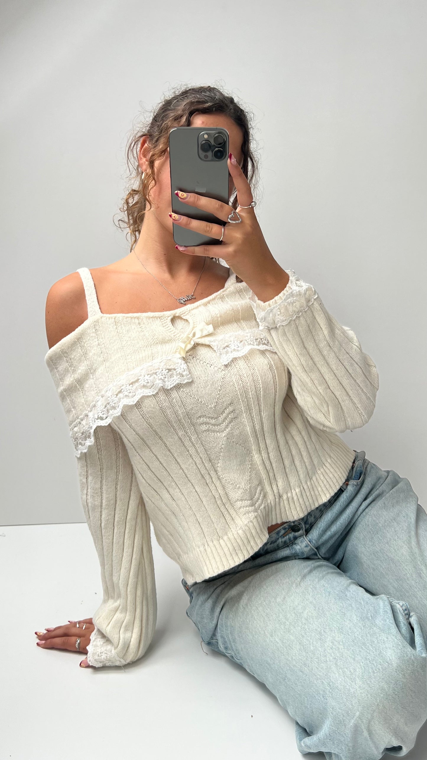 00s cream off the shoulder jumper- size M