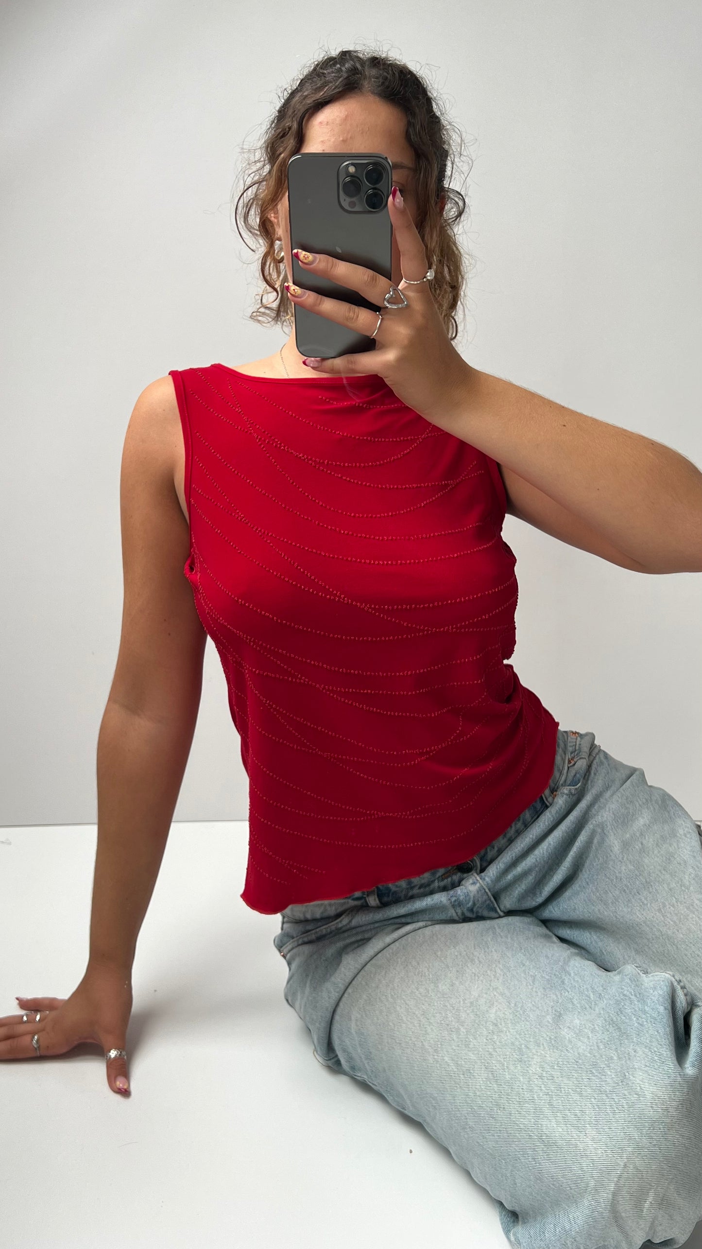 00s red beaded tank top- size L