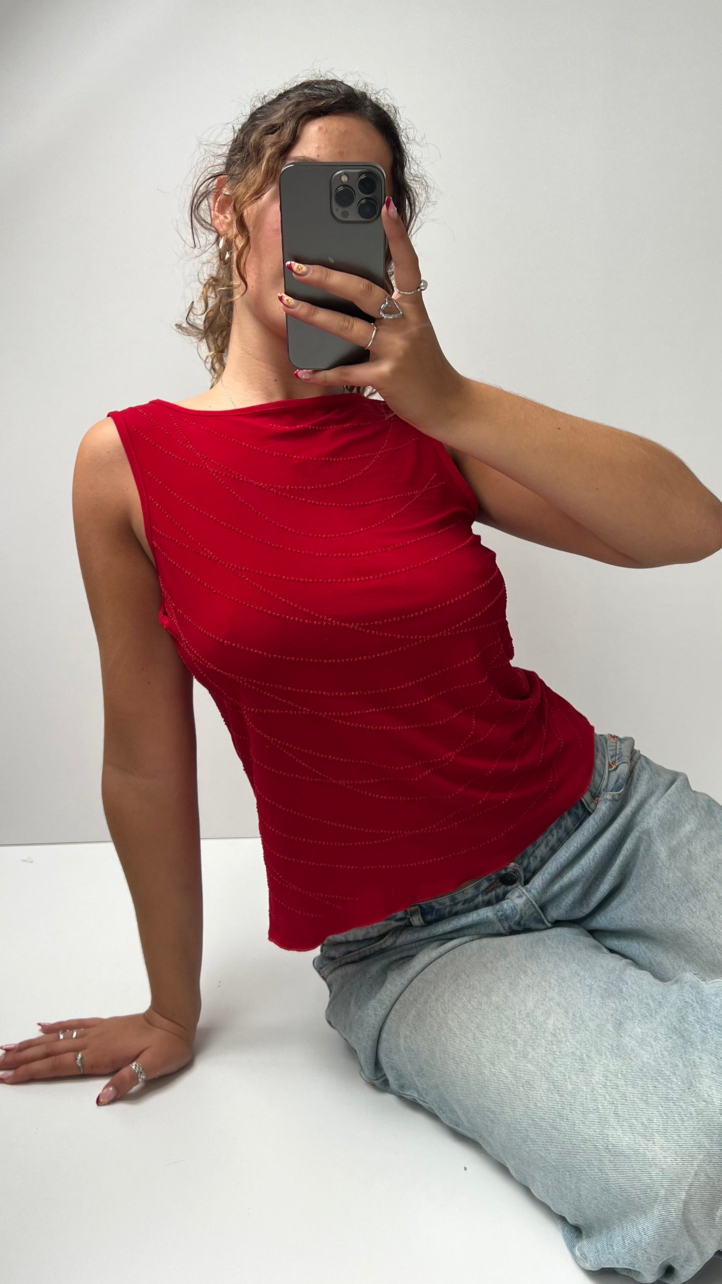 00s red beaded tank top- size L