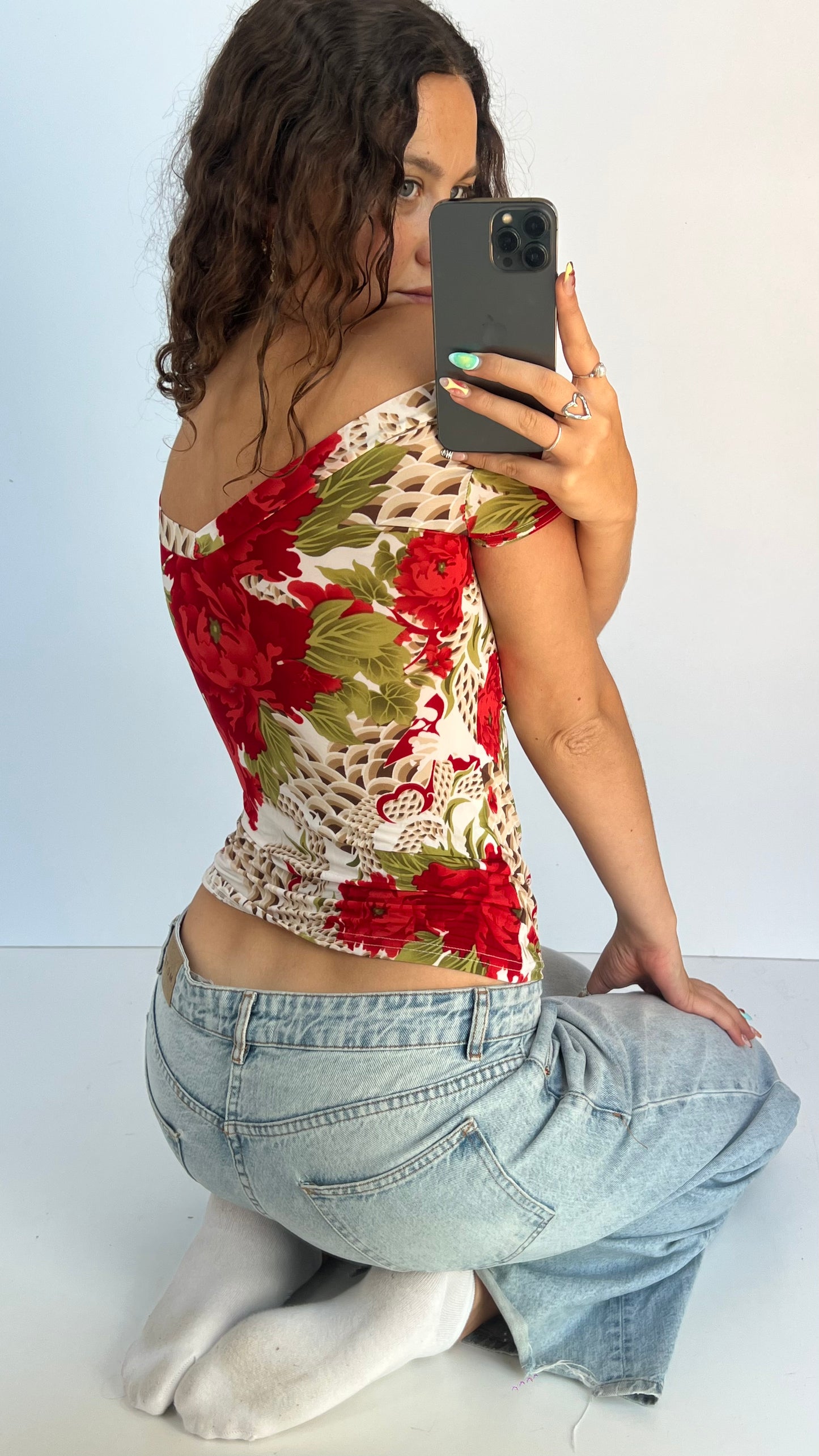 00s red floral top- size S/M