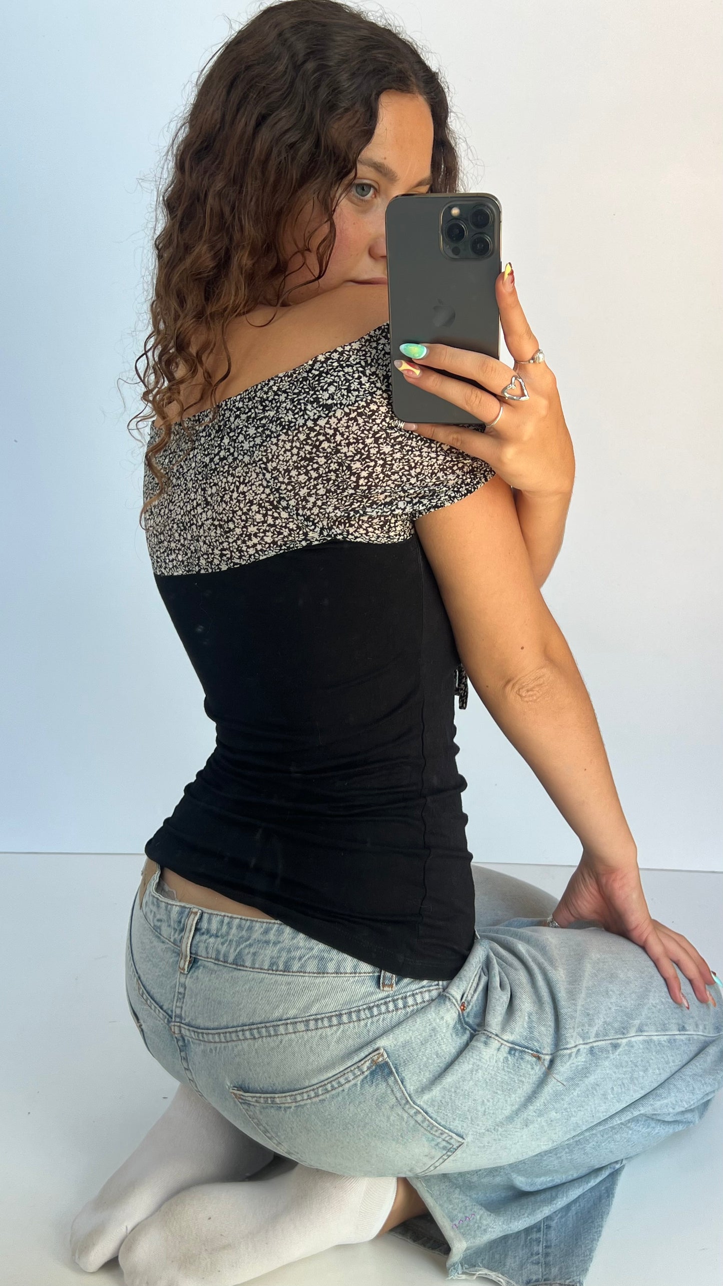 00s black floral babydoll top- size M