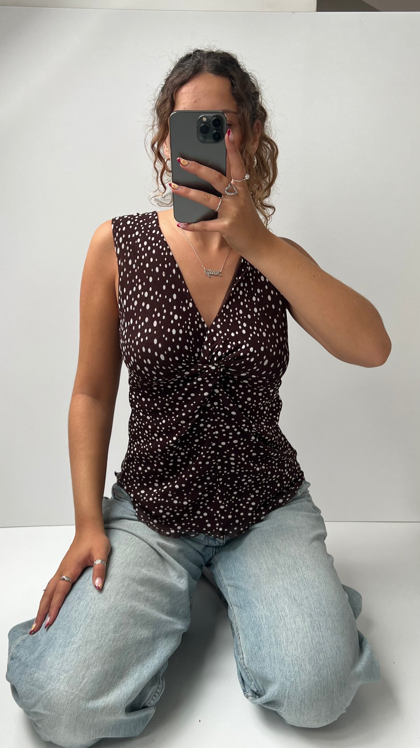 00s brown polka dot top- size M