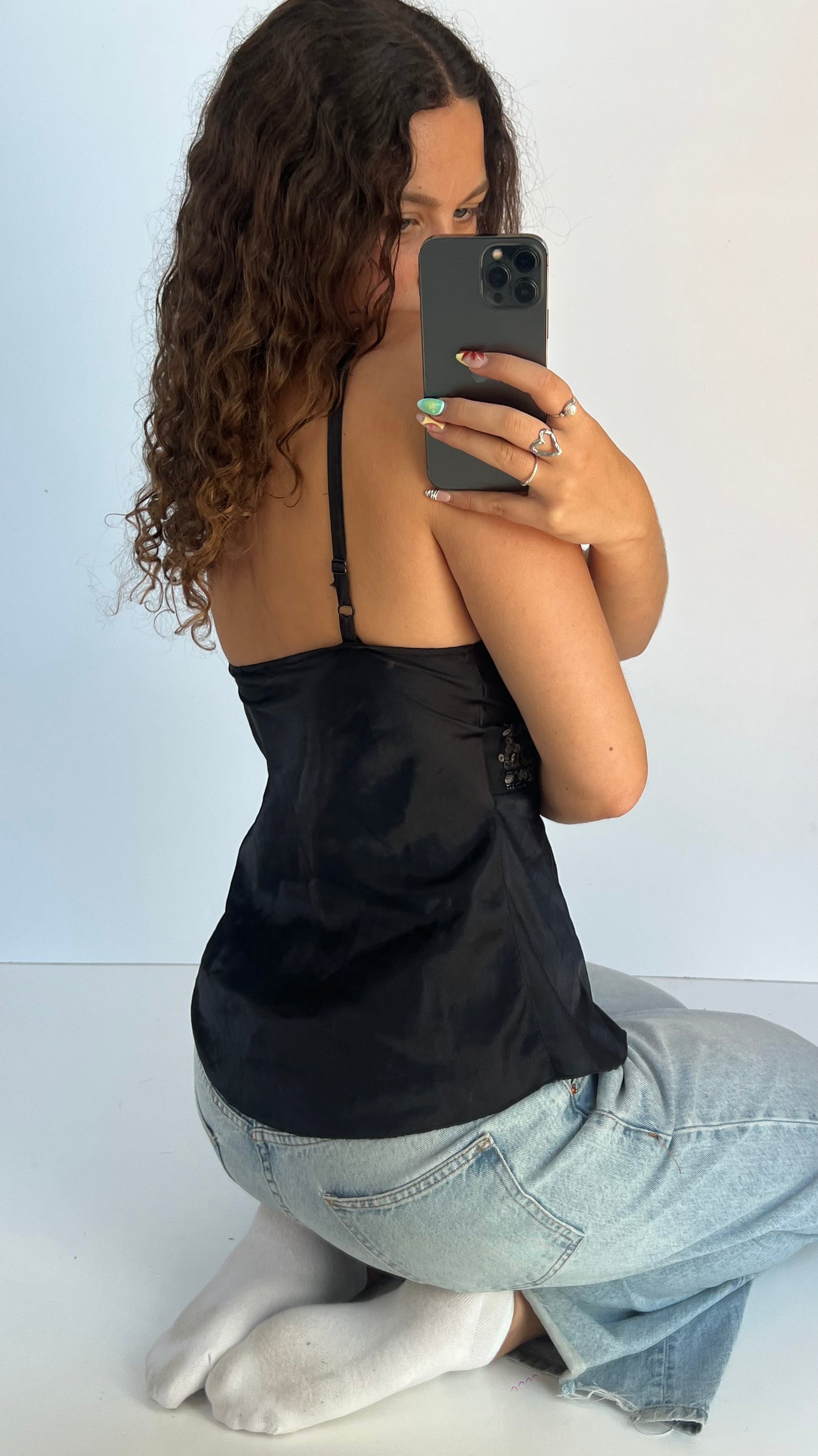 00s black satin beaded cami- size M