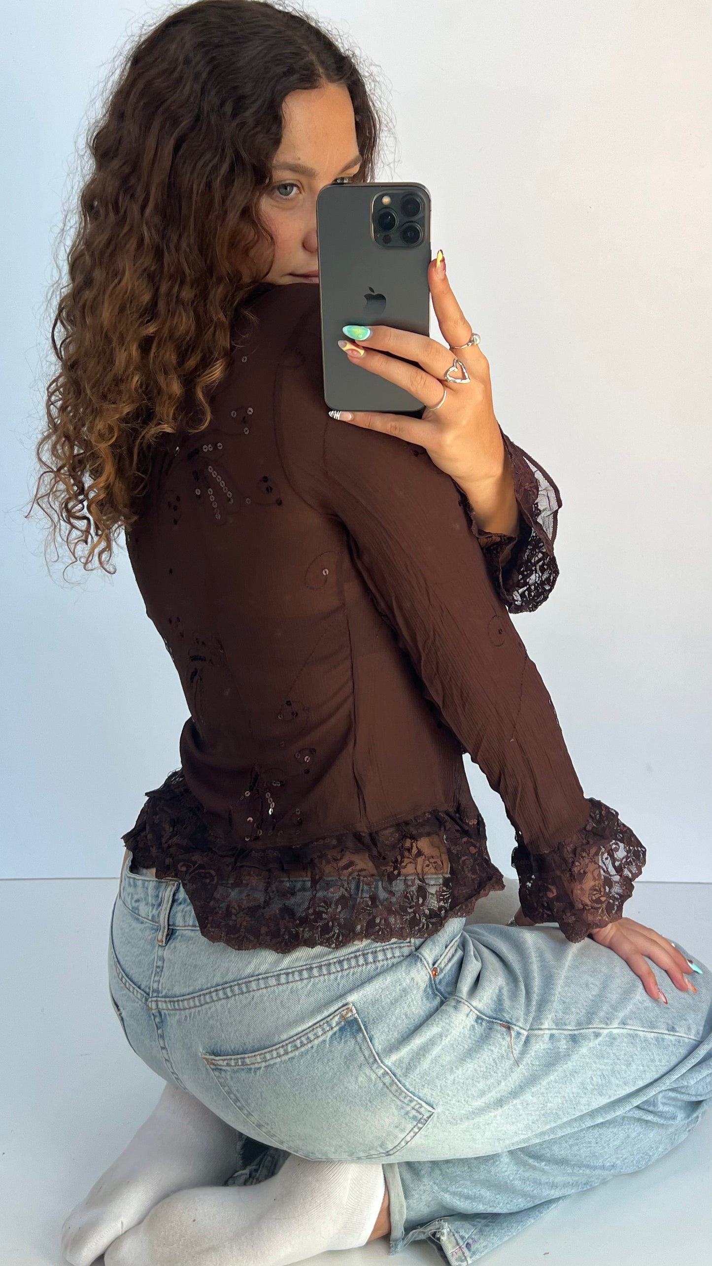 00s brown mesh sequin top- size S